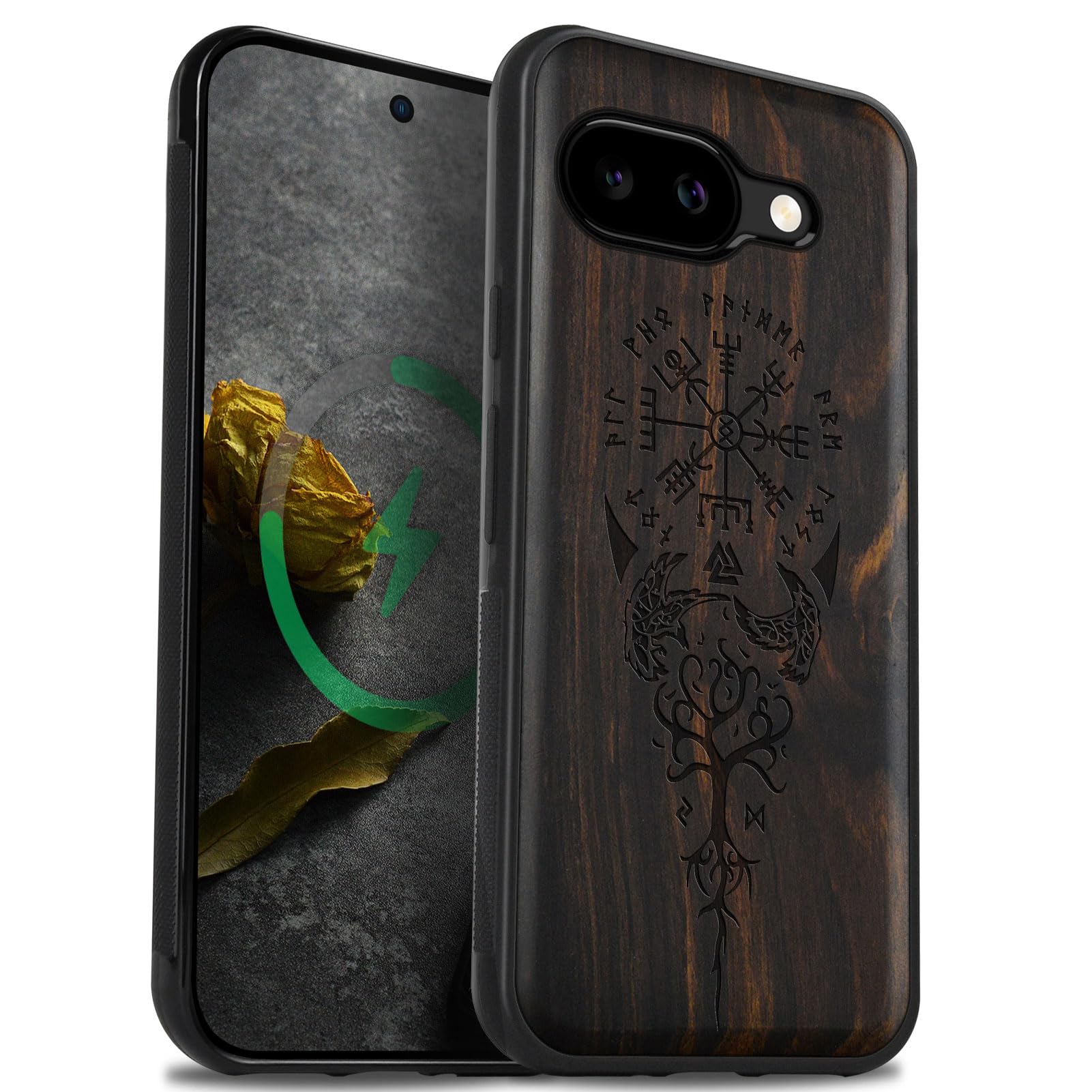 Carveit Custodia In Legno Con Magneti Per Google Pixel 9a – Design Bussola Vichinga (Vegvisir), Paraurti TPU, Ricarica Wireless - 2