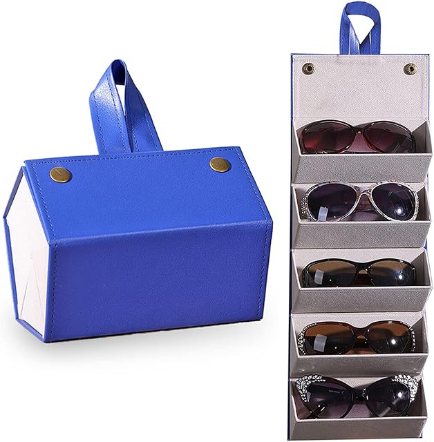 TJC Portable Sunglasses Travel Organizer 5 Slots Foldable Sunglasses Storage Case Eyeglasses Holder Box Multipurpose Compact Design Faux Leather Size 17x13x12 cm Black/Blue/Brown/Grey