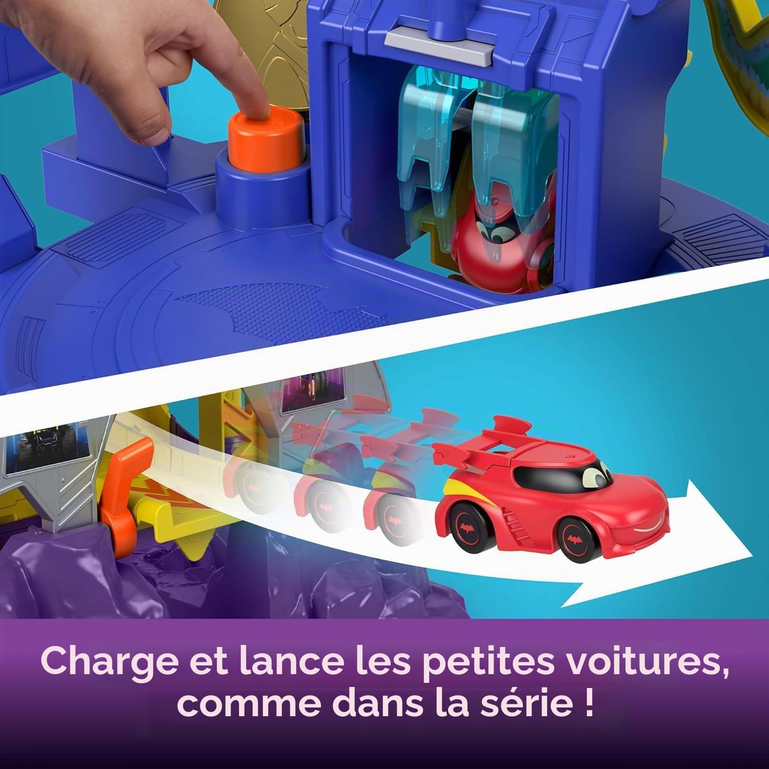 Fisher-Price DC Batwheels - Batcaverne Lancia et Sflèche, Jeu de Piste inspiré de la Batcaverne avec 3 Plans de Jeu, lumières et Sons, Comprend 2 Voitures, Jouet pour Enfants, 3+ Ans, HYR74