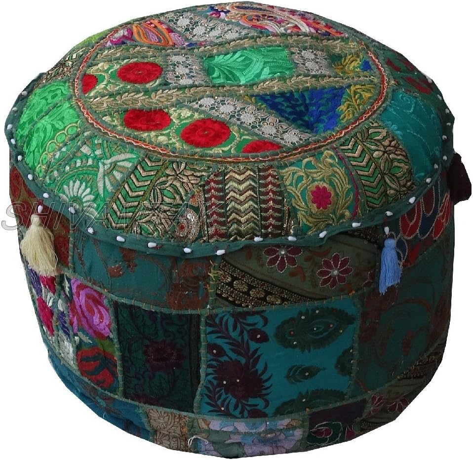 Mango Gifts Handmade Embroidered Patchwork Ottoman Pouf Cover Footstool Cover (Without Filler) 45cmx35cm (Green)