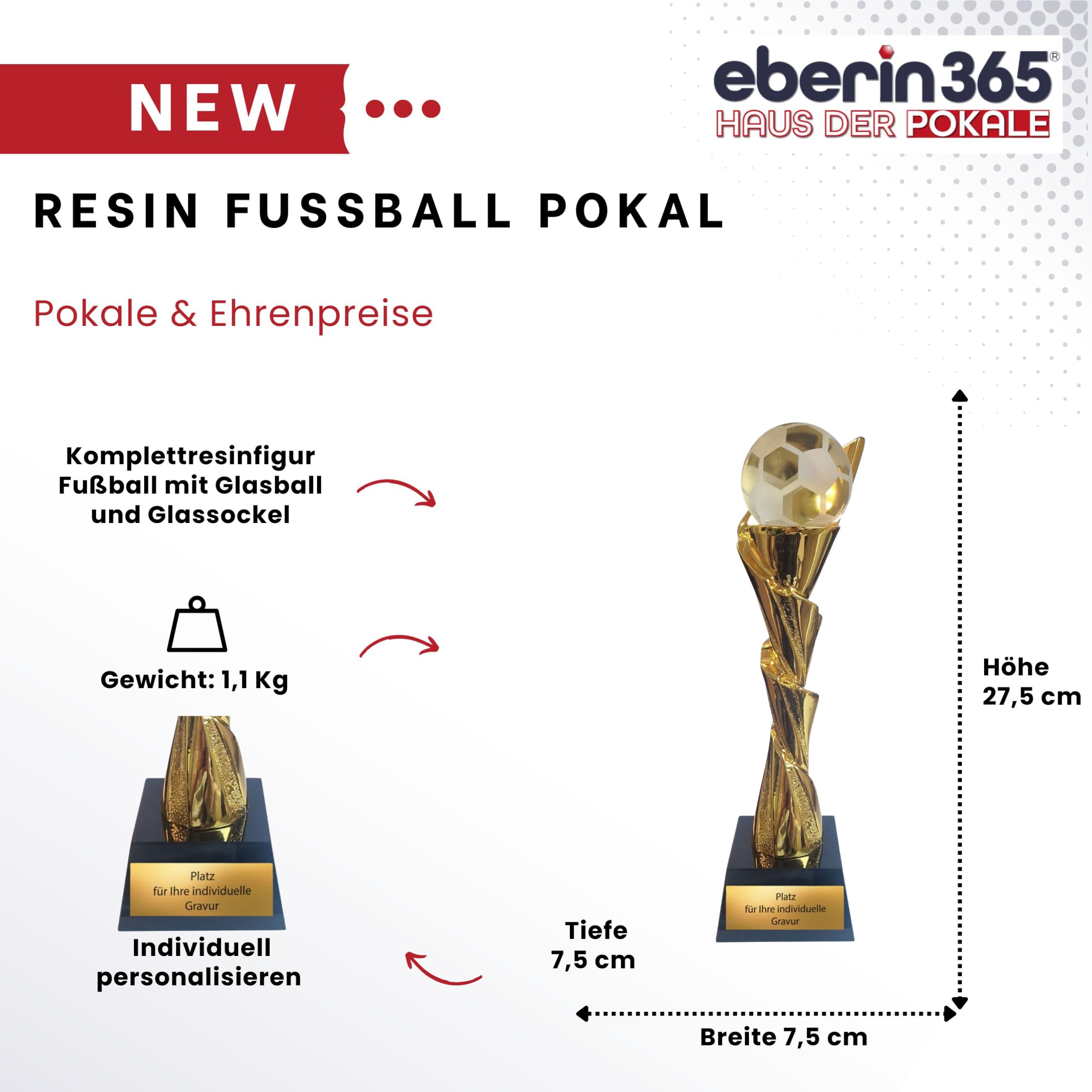 Fußball Pokal 27,5 cm mit Glasball auf Glassockel – edle Trophäe mit Goldener Säule aus schwerem Resin – hochwertiger Award mit Gravurschild für Vereine Turniere & Siegerehrungen