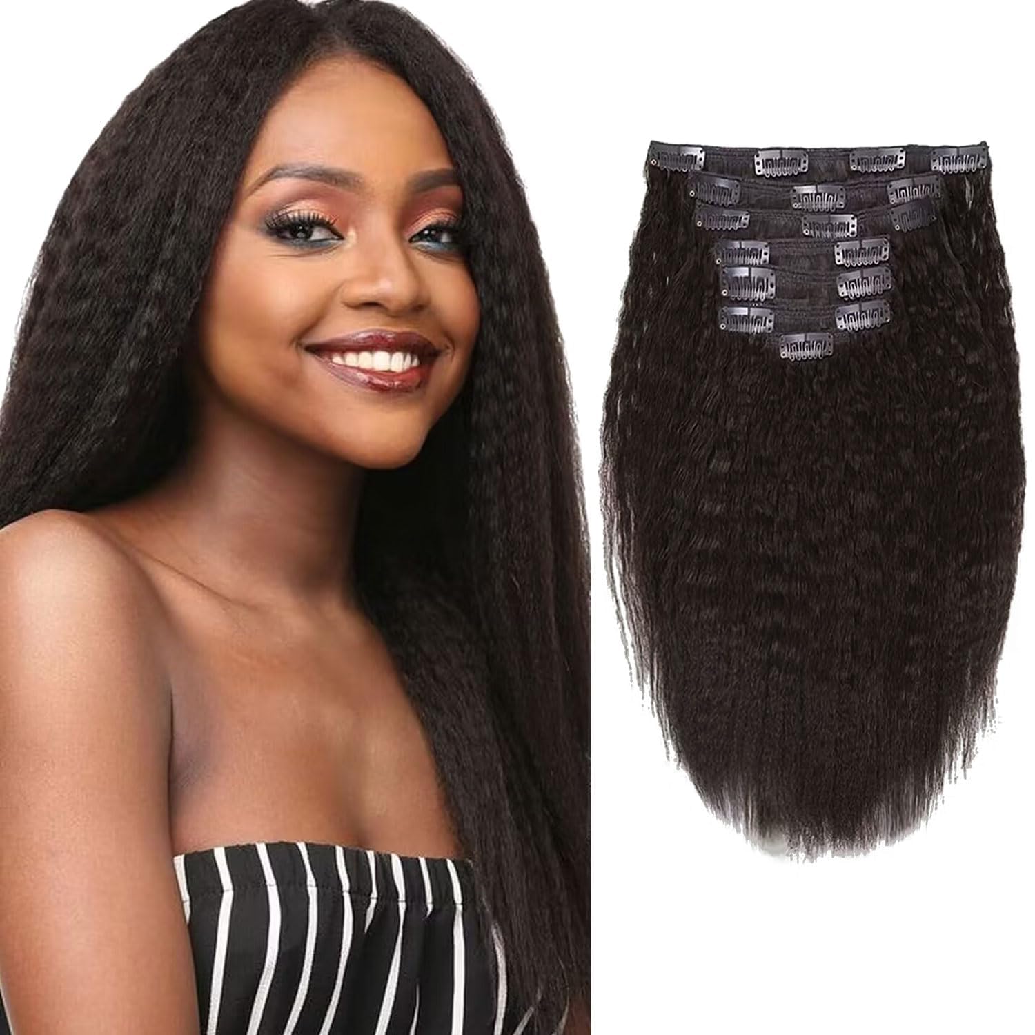 Loxxy Clip in Hair Extensions Human Hair Kinky Coarse For Afro Black Women Natural Black Double Weft Full Head Soft Real Hair 7 Pieces 120Gram #1B