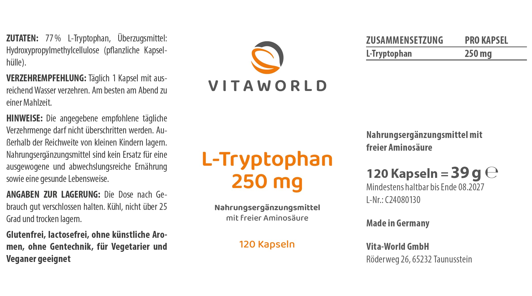 3er Pack Vita World L-Tryptophan 250mg 3 x 120 Kapseln Vegan Apotheker-Herstellung