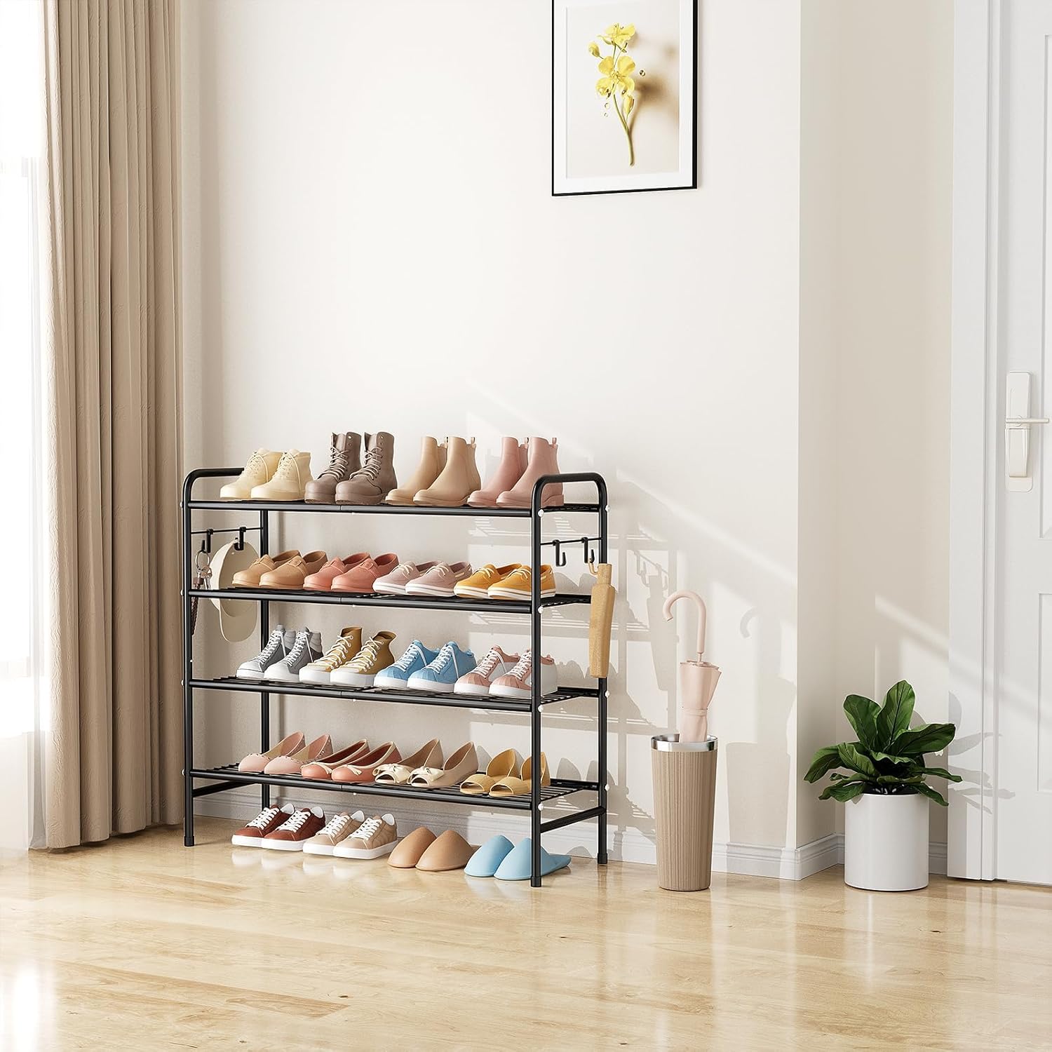 4-Tier Shoe Rack 33" Wide Metal Shoe Organizer Long Shoe Storage with 4 Side Hooks Sturdy Shoes Shelf for Closet, Front Door Entrance, Garage, Dorm, Black