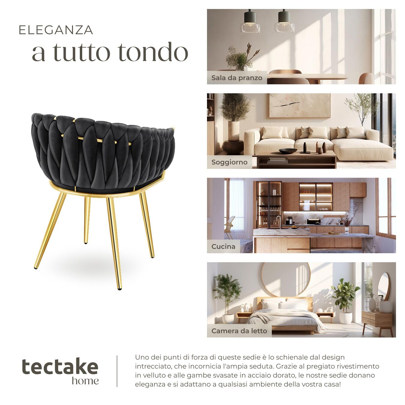 tectake® Set di 6 Sedie da Pranzo con Braccioli, Sedie Soggiorno in Velluto Extra Fine, Design Elegante a Nodo, Poltrone Velluto con Morbida Imbottitura, Sedie per Sala da Pranzo Versatili - Nero/Oro