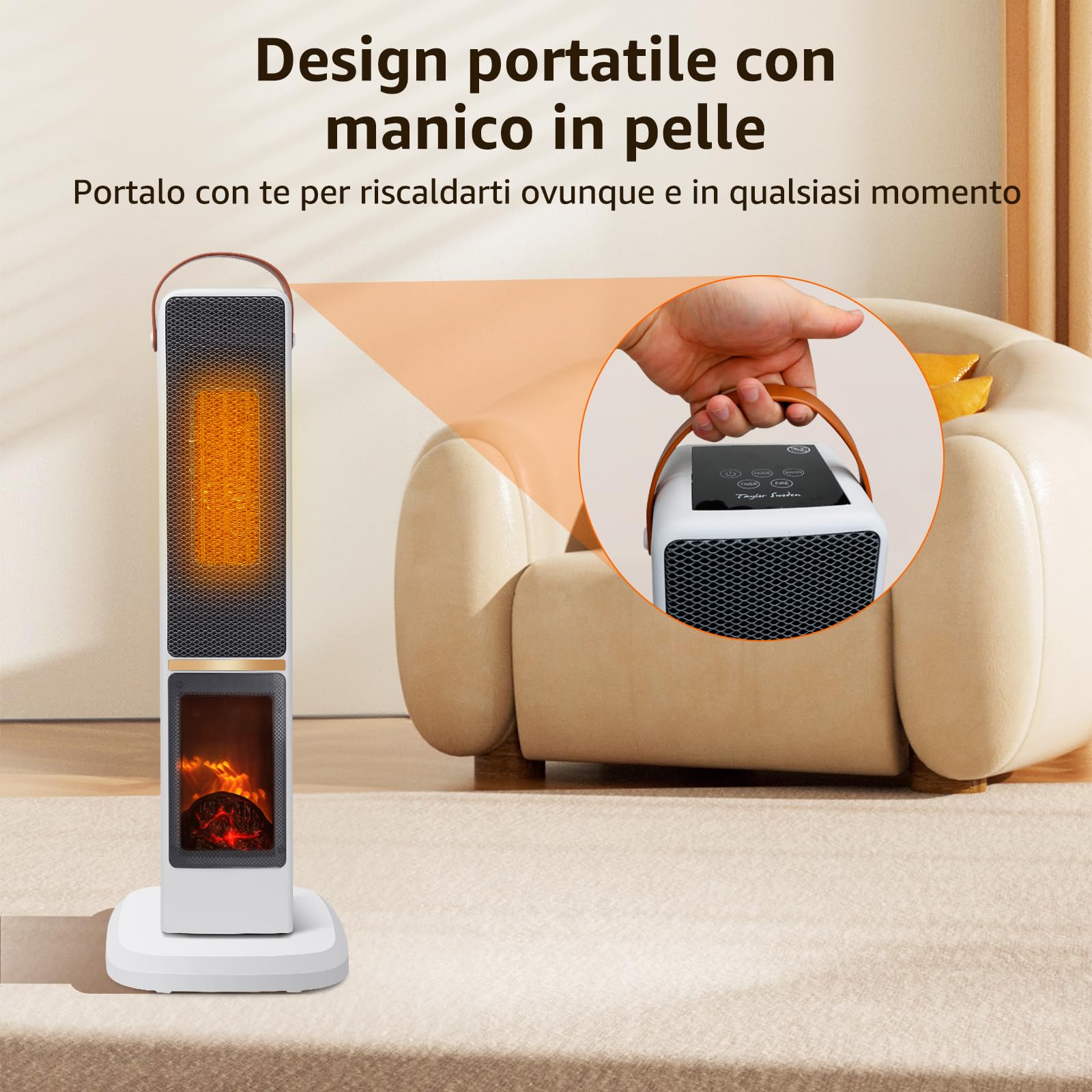 Taylor Swoden Dana - Stufetta elettrica da 2000W per uso interno con camino, rapido e sicuro Termoventilatore ceramico PTC, oscillazione a 70°, timer da 12 ore, 3 modalità, telecomando