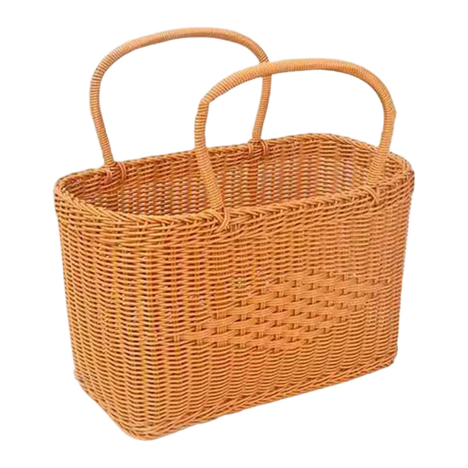 Ronyme Hand Woven Basket Imitation Rattan Reusable Home Use Empty Picnic Basket with Double Handles for Shopping Picking Gathering, 40cmx23cmx23.5cm