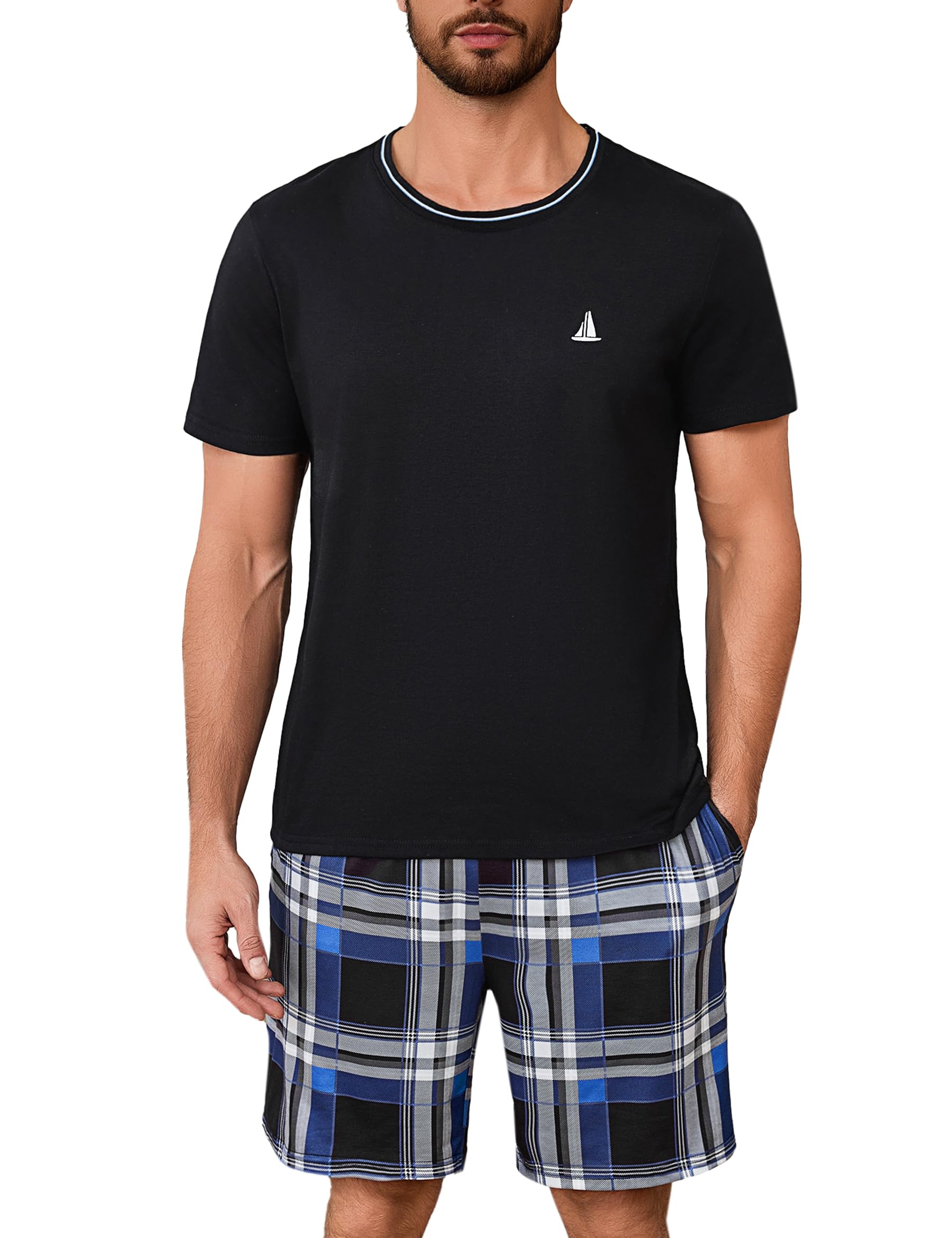 Jahetuul Schlafanzug Herren kurz Schlafhose Karomuster Pyjama Sommer Rundhals Schlafanzüge für Herren Pyjamashort Nachtwäsche Männer