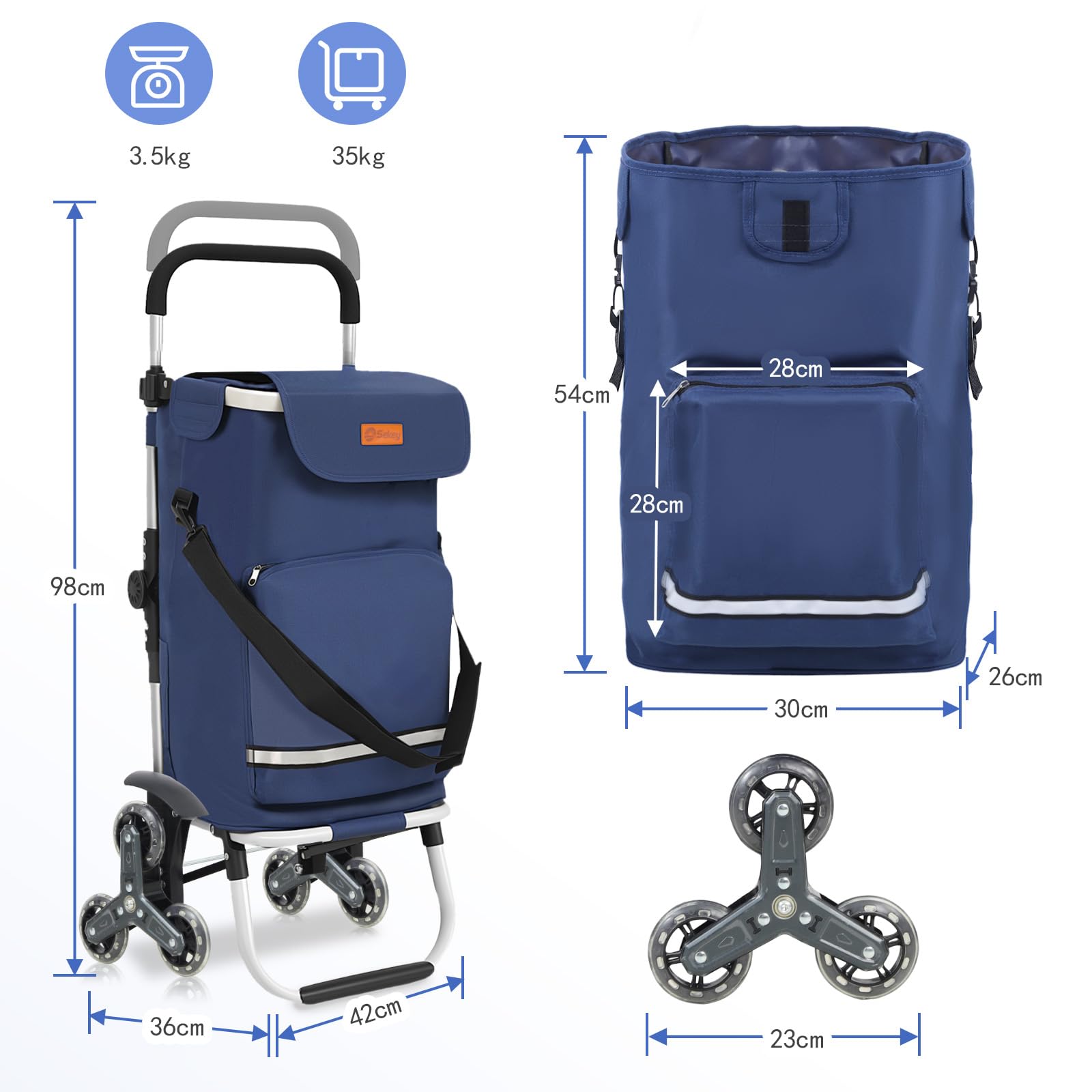 Sekey Carrello della Spesa Pieghevole con Funzione Saliscale, Carrello 3 in 1 con Borsa a Tracolla e 3 Ruote, Trolley e Carrello Ideale per Chi Vive in Città, la Spesa e il Campeggio – Blu