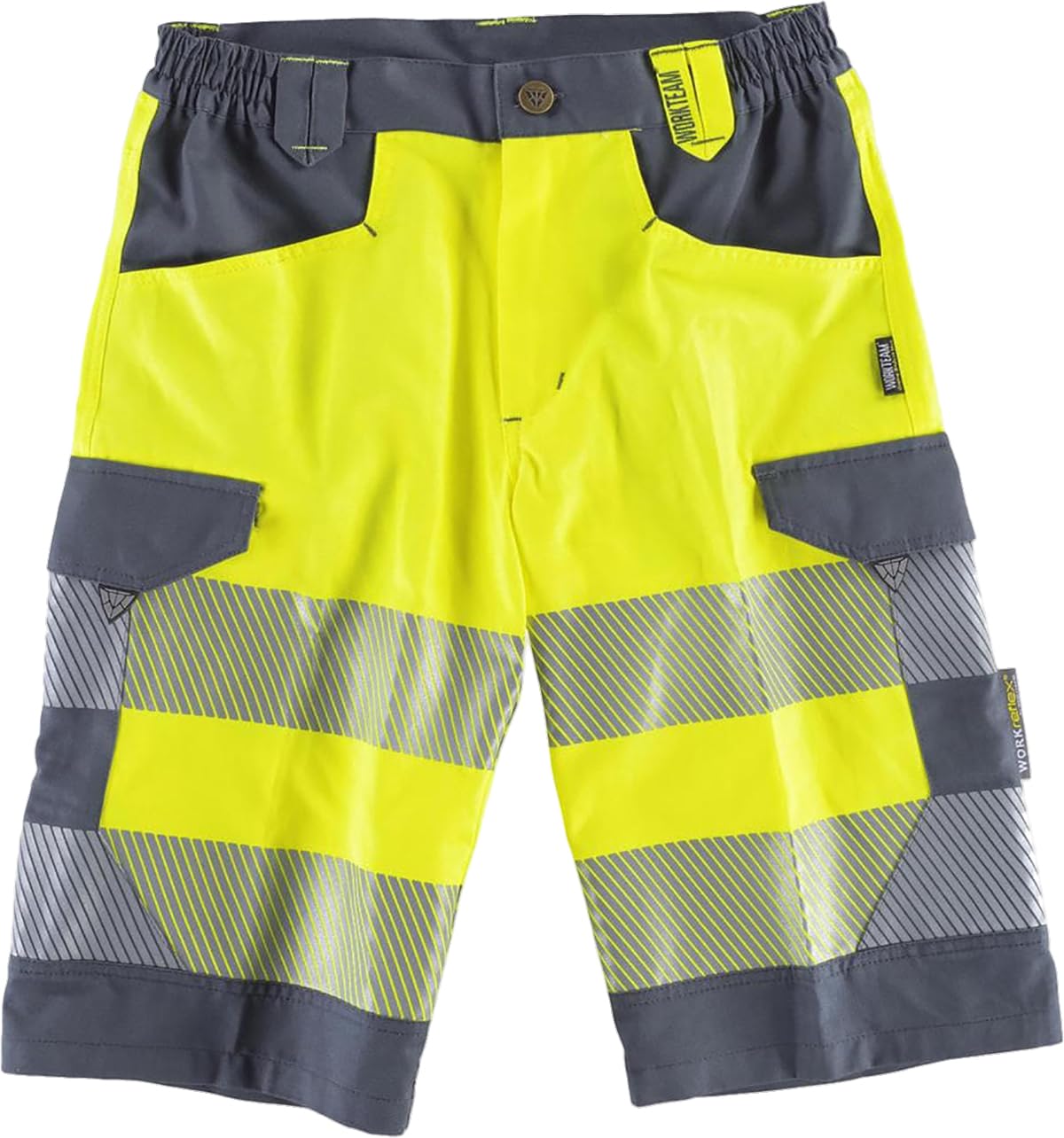 WORKTEAM Pantalón Corto de Trabajo de Alta Visibilidad EN 20471, Multibolsillos, Combinado con Cintas Reflectantes Discontinuas y Cintas Decorativas, Bermuda Trabajo. Unisex