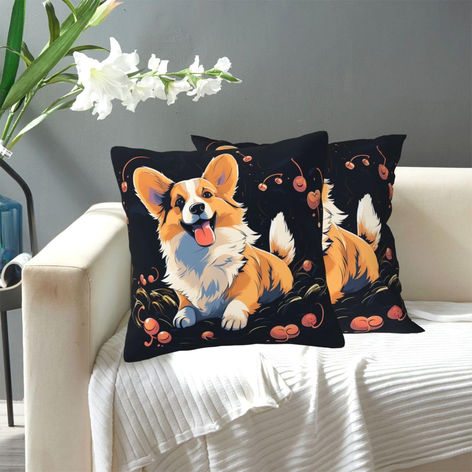FekiLoot Decorative Throw Pillow Covers Modern Farmhouse Pillowcase Double Sided Cozy Cushion Cover for Sofa Couch Bed 12"X12" Corgi Dog On Dark Background