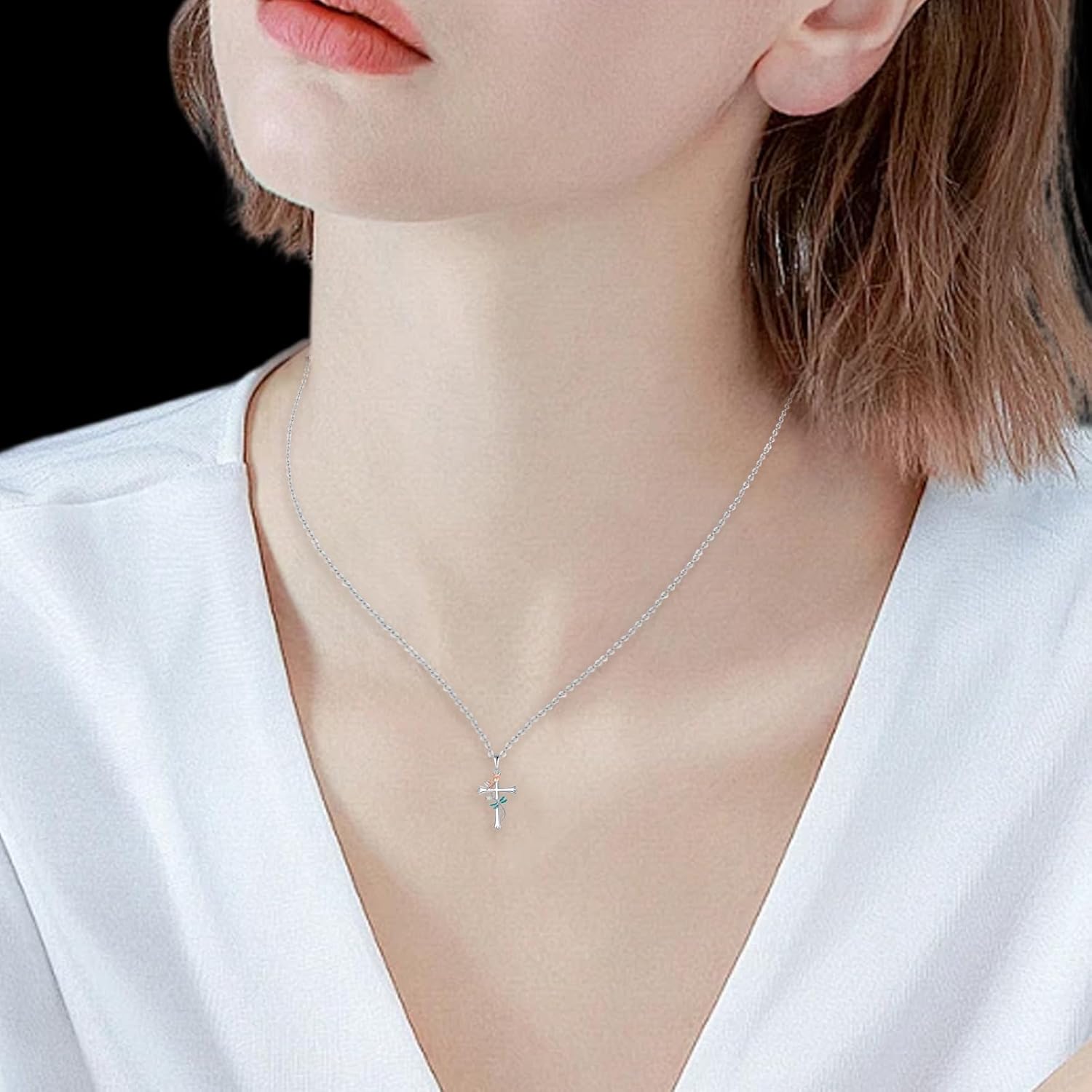 925 Sterling Silver Ladybug/Dragonfly/Dove/Flower/Butterfly Cross Pendant Necklace for Women Hypoallergenic Nickel Free Pendent Necklace Gift Box Packaging Easter Gift Church Prayer Cross