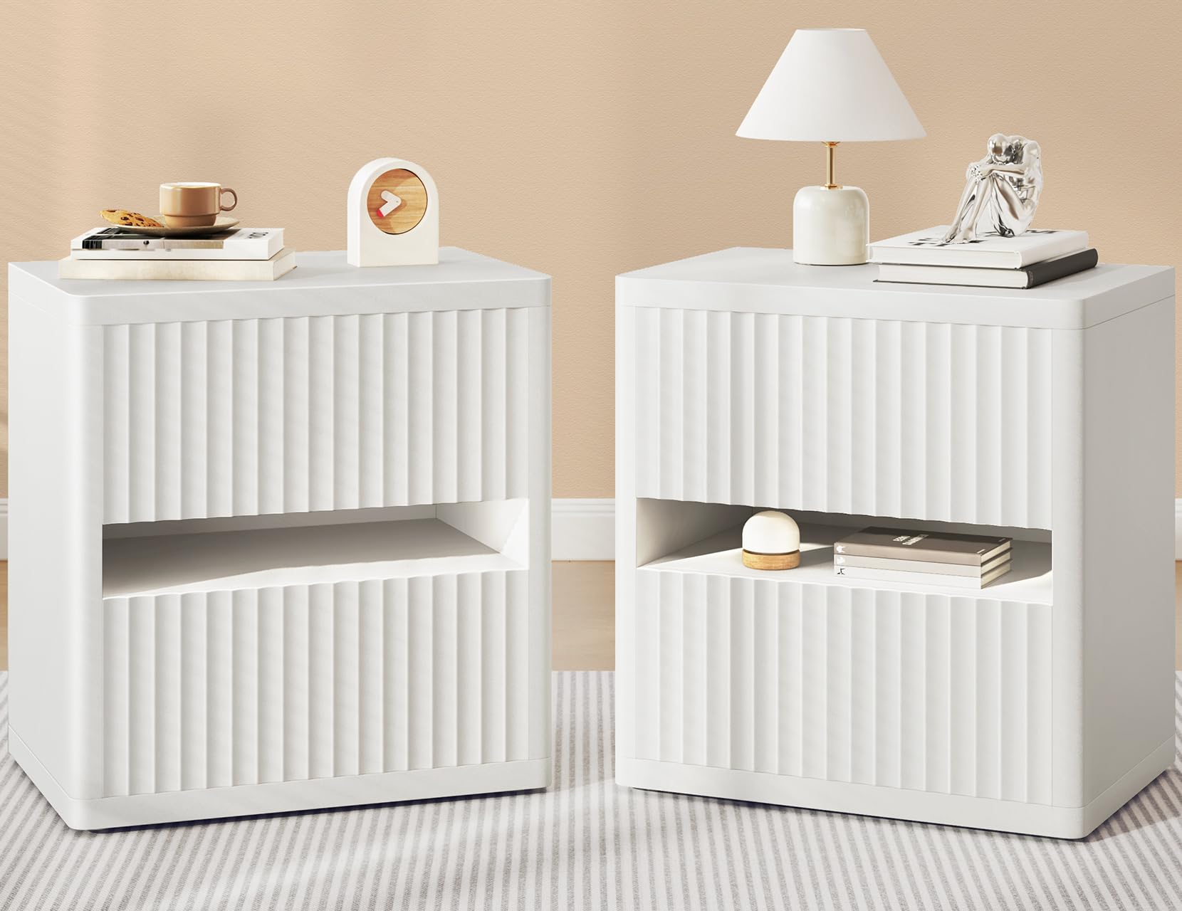 Dripex Fluted Nightstand with 2 Drawers, Large Wide Wood Night Stand Bedside Tables for Bedroom, Mid-Century Modern Storage Bed Side Table, End Tables for Living Room Sofa Couch, White, Set of 2