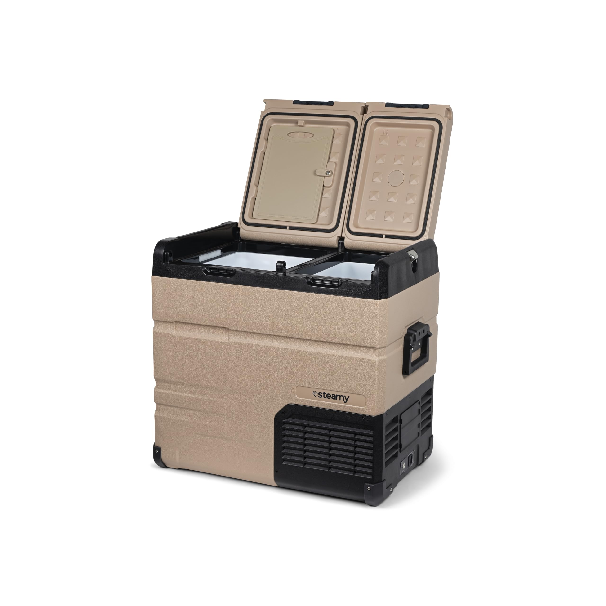 Steamy-E Dual Zone 55, Elektrische Kompressor Kühlbox, 54 Liter, 12V/ 230V, zum Kühlen und Gefrieren, Für Camping