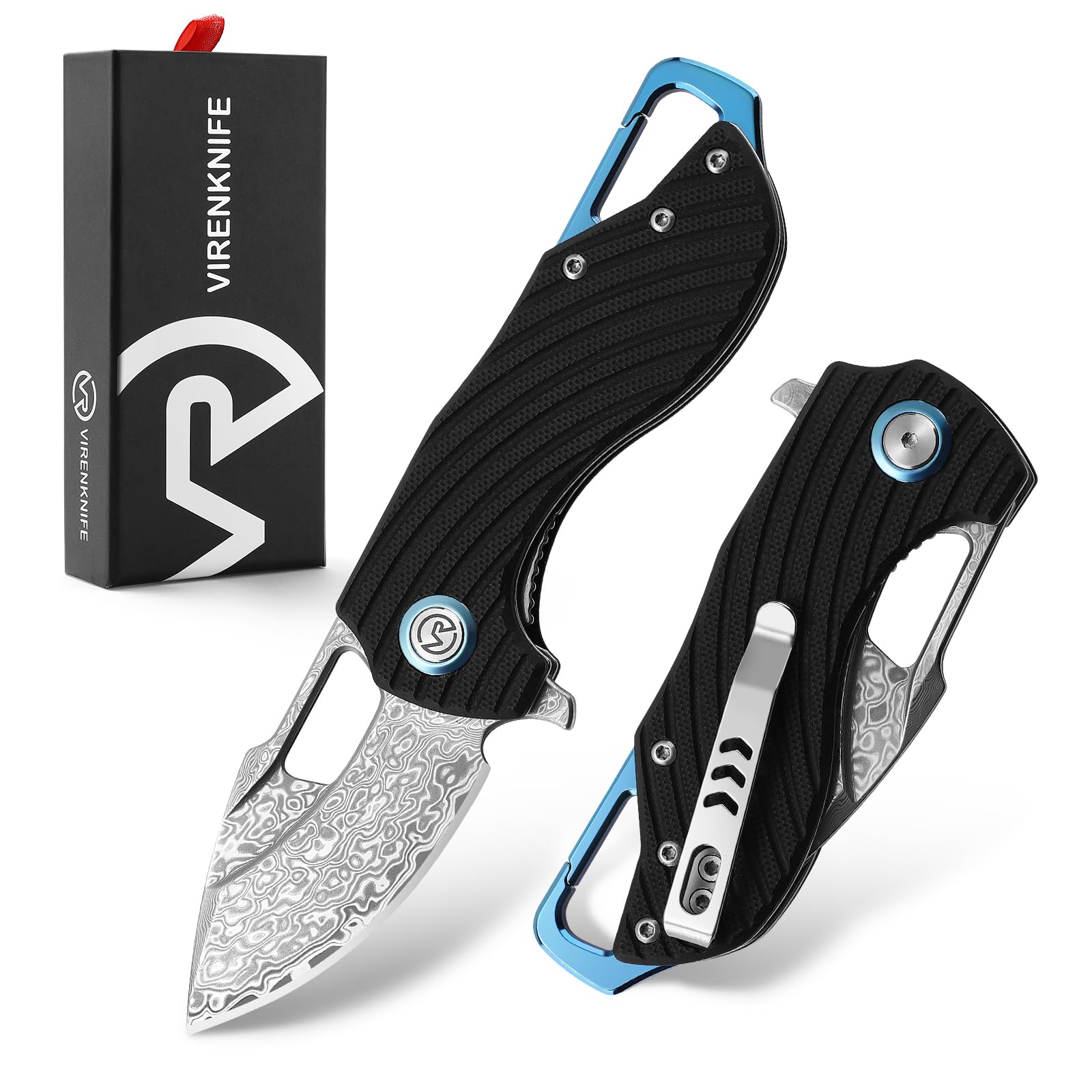VR VIRENKNIFE Damascus Steel Folding Pocket Knife G10 Handle Small Mini EDC Knife with Pocket Clip, Buckle, Suitable for Men Tactics, Sharp Camping Survival Hiking Knife