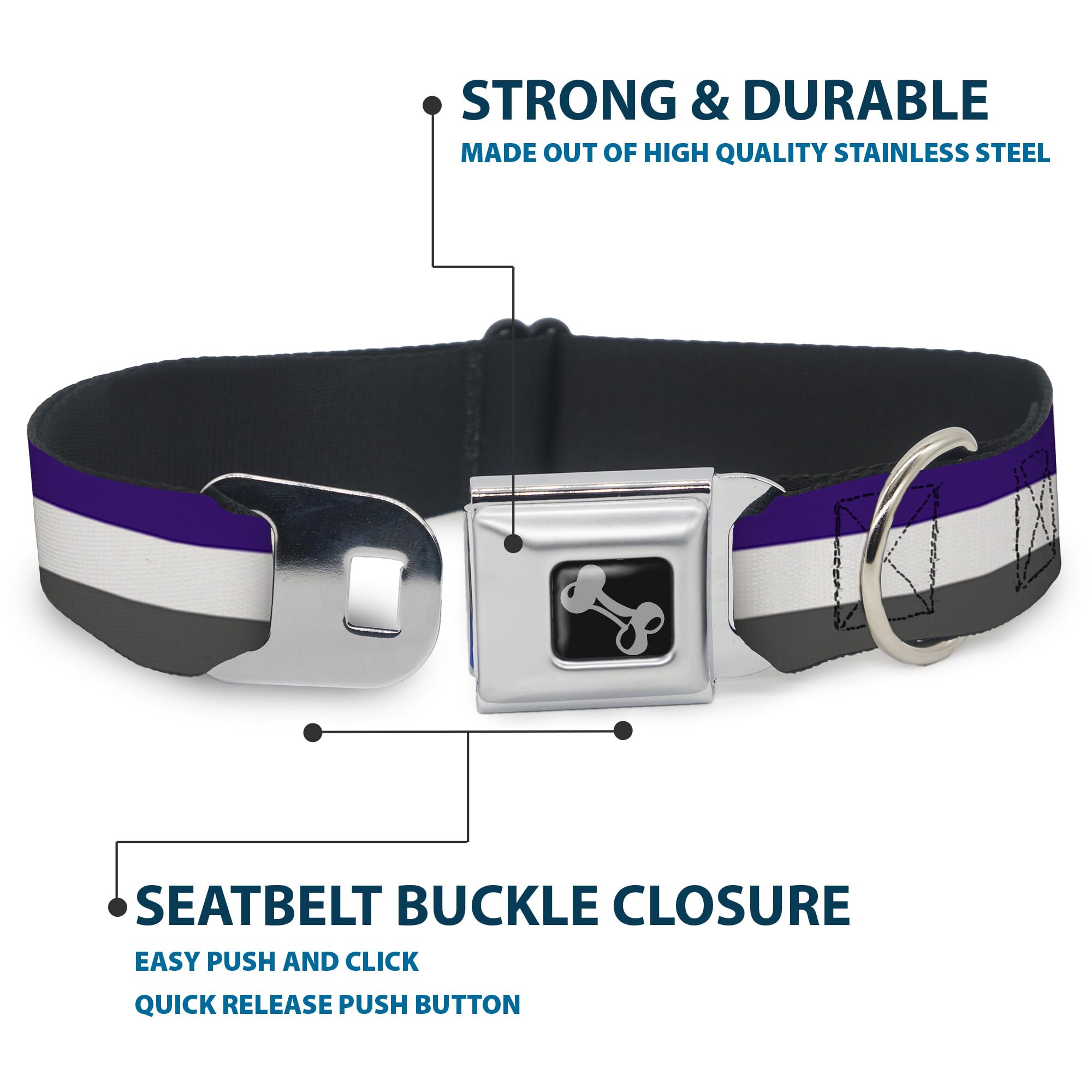 Buckle-Down Obroża dla psa z klamrą pasa bezpieczeństwa - paski fioletowe/białe/szare - szerokość 3,8 cm - pasuje na szyję 40-58 cm - rozmiar M