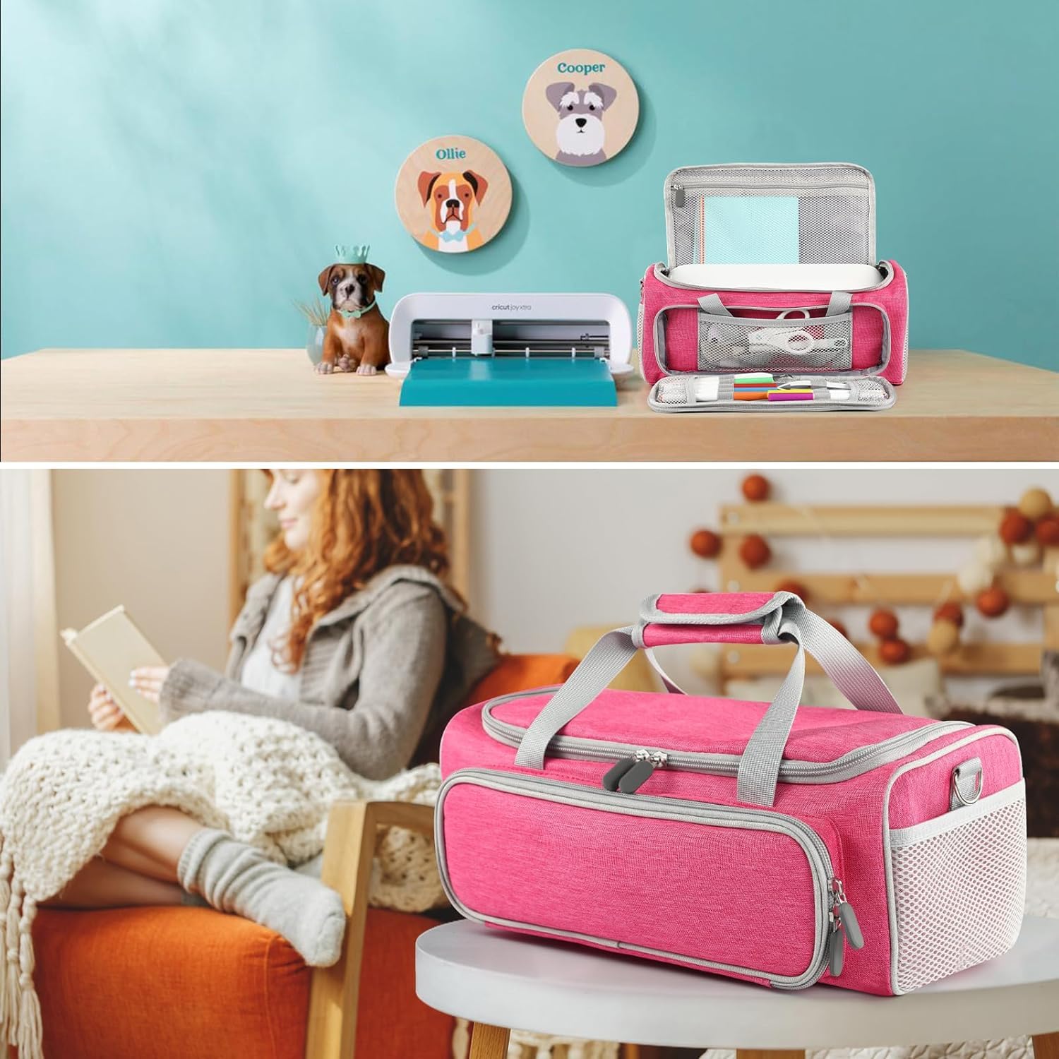 Borsa per il trasporto compatibile con Cricut Joy Xtra Smart affettatrice e accessori, custodia portatile per matite fai da te e set di strumenti di base, rosa rossa