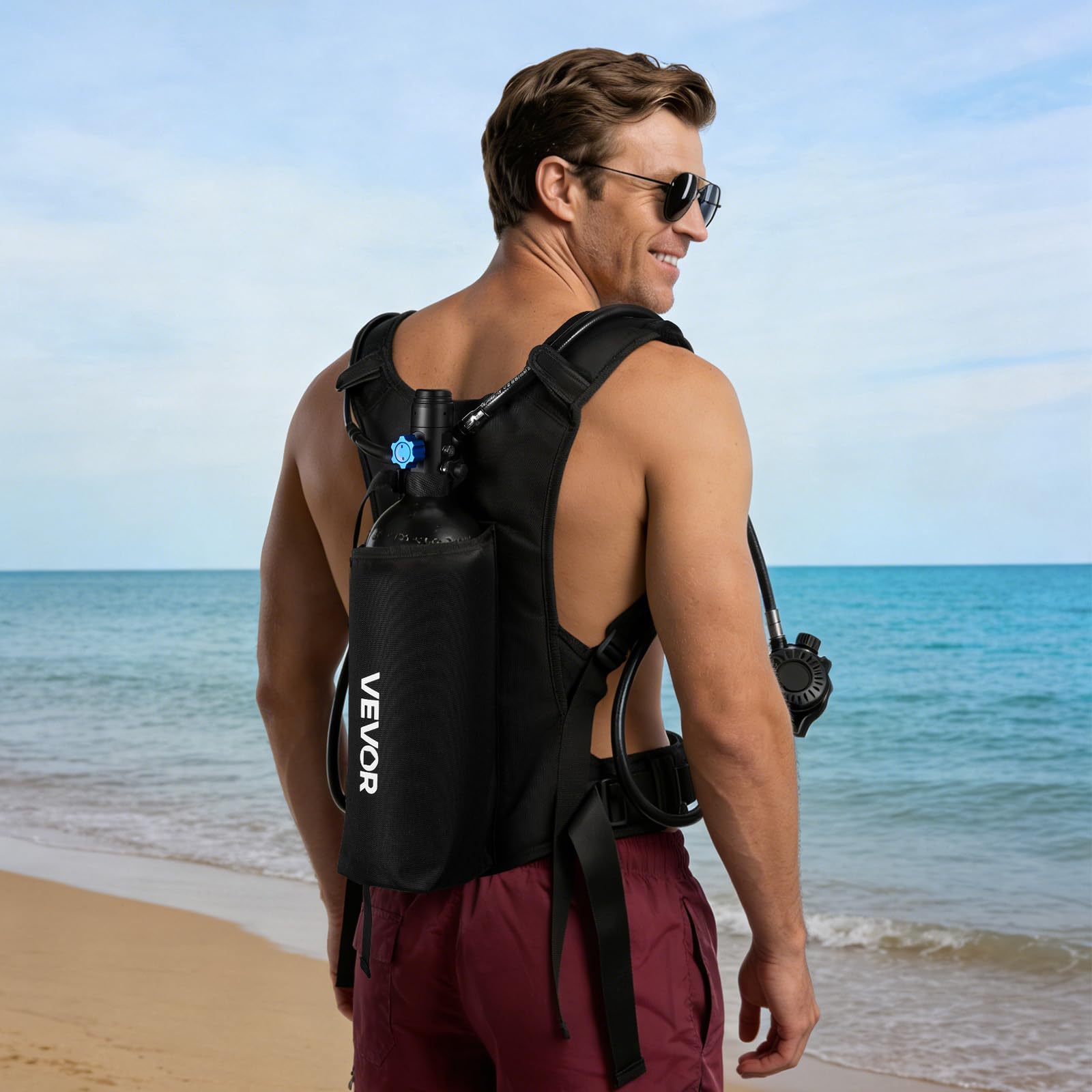 VEVOR Mini Botella de Buceo de 2 L, Juego de Tanque de Buceo Portátil con Mochila y Caja de Protección, Capacidad de 30 a 35 Minutos, Bombona de Oxígeno Recargable Aluminio, para Viajes Bucear Rescate
