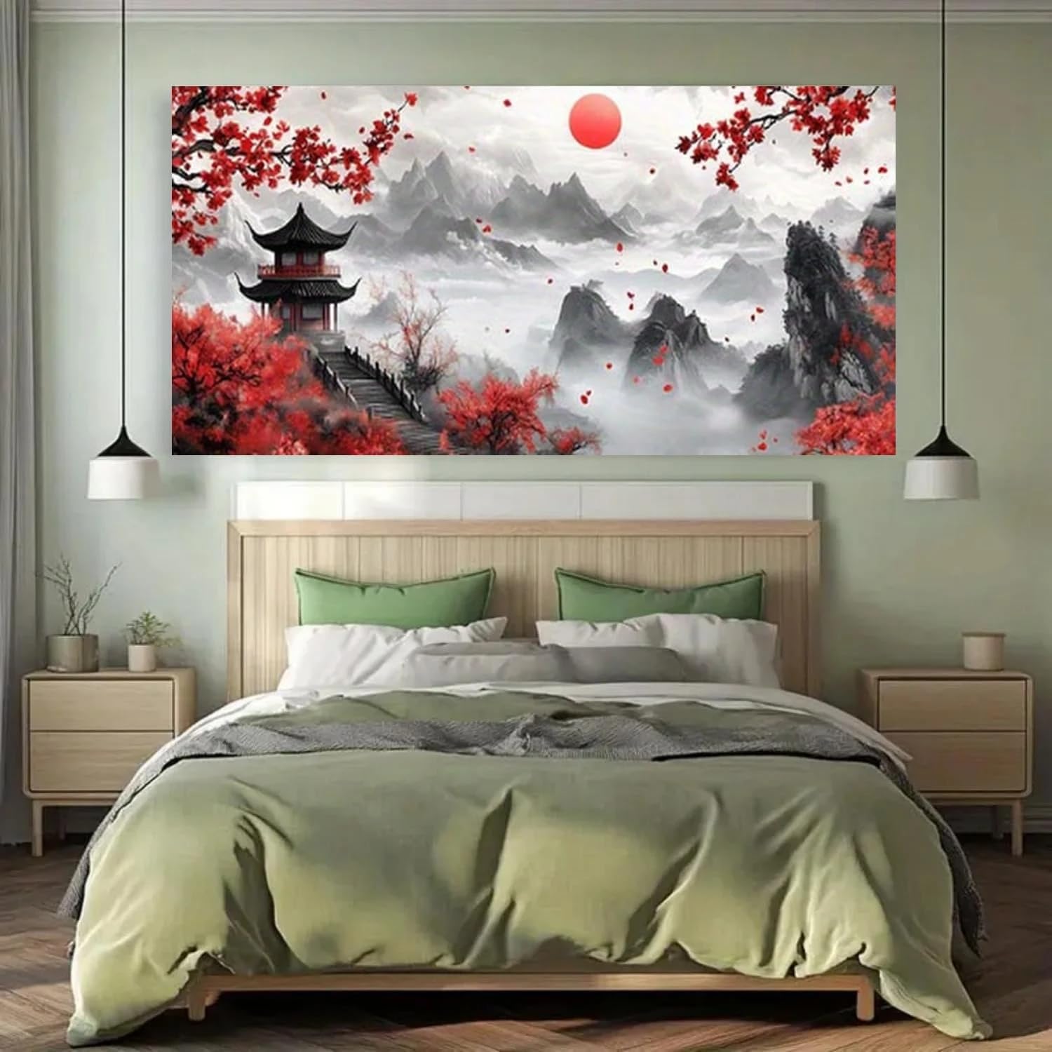 TZKBDMA Chinese Pavilion Landscape Art With Pagoda, Red Blossoms & Misty Mountains Wall Decor(75x150cm/Without frame)