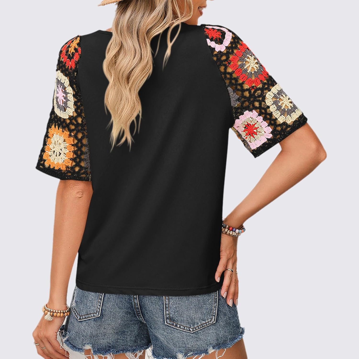 Chvity Crochet Shirts for Women Crewneck Shirt Floral Short Sleeve Casual Pullover Blouse Summer Tops - Image 5