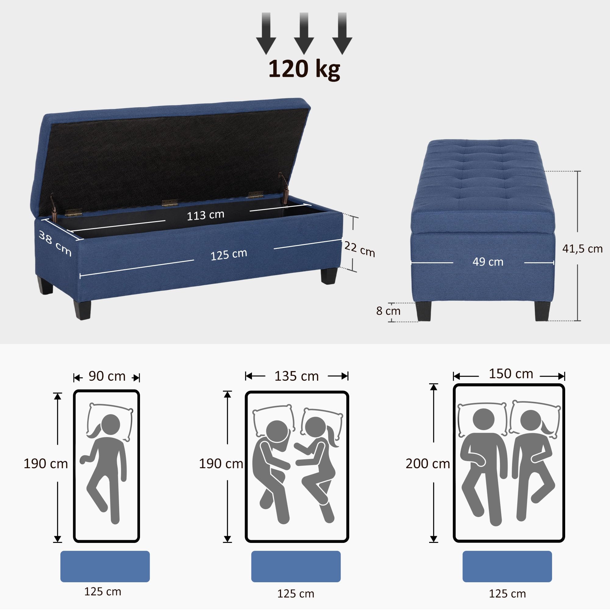 HOMCOM Banc de Rangement 94,5L Siège Capitonné 125 x 49 x 41,5 cm Bleu | Banquette Bout de Lit, Coffre de Rangement, Tissu Aspect Lin, Pieds en Bois, Salon, Chambre, Entrée, Intérieur