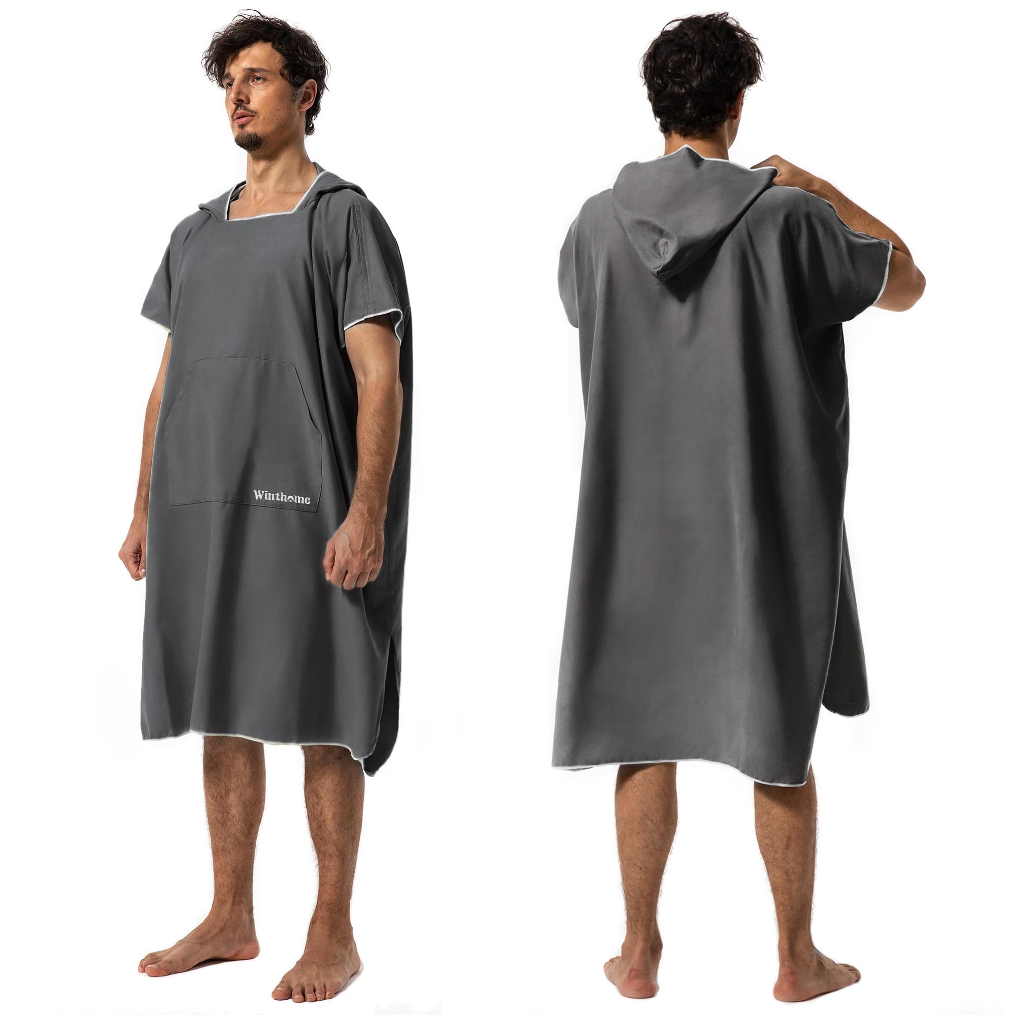 Winthome Poncho Surf Secado Rápido, Poncho Microfibra Ayuda de Cambio de Playa, Bata de Baño con Bolsillo y Capucha, Manta Poncho para Hombre Mujer, Natación Surf Playas Duchas, Viajes (Gris, M)