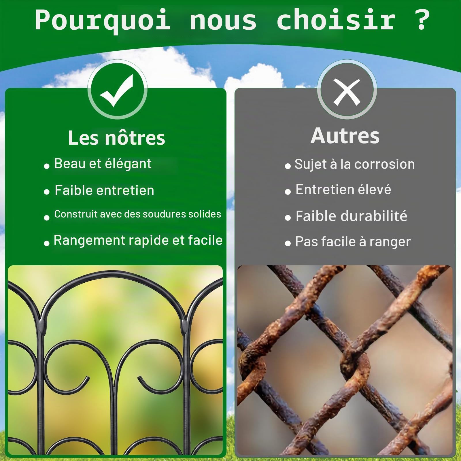 Thealyn Clôture de jardin décorative en métal - 40 cm H x 47 cm (5 panneaux, 2,35 m) - Fer forgé - Bordure de jardin - Parterre de fleurs