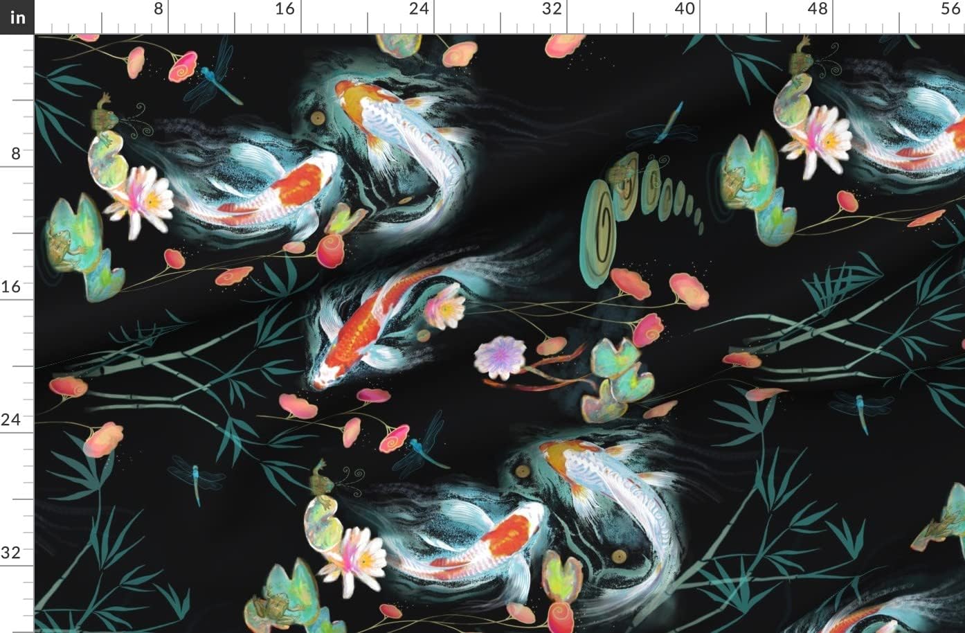 Spoonflower Fabric - Black Koi Fish Japanese Floral Large Scale Decorative Carp Chinoiserie Printed on Organic Cotton Sateen Fabric by The Yard - Sewing Quilting Apparel Home Decor