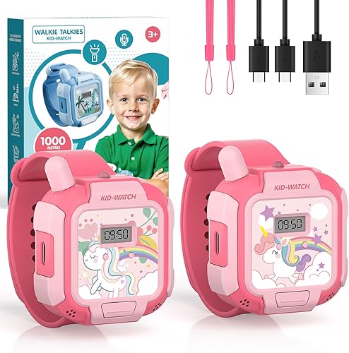 Toys for 3-12 Year Old Boys Girls, Walkie Talkies for Kids Rechargeable, 2 Pack Lanyard Watch with Flashlight, Fun Stickers, Toys Gifts for Outdoor Camping, Hiking, Birthday, Christmas (Pink)