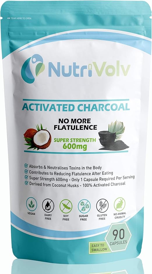 Activated Charcoal 600mg 90 Capsules Reduce Flatulence, Gas
