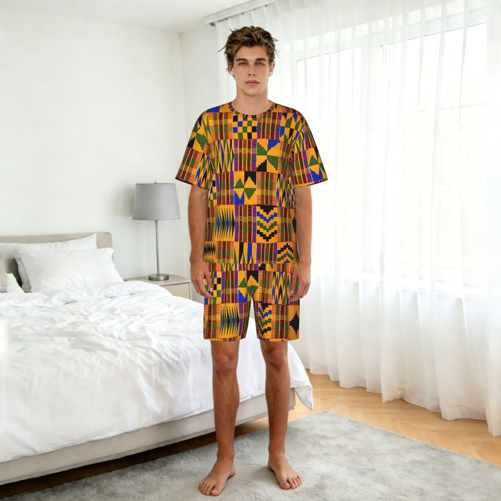 Set di pigiami da uomo con stampa africana, comodi set di pigiama da uomo con pantaloncini, perfetto per le notti estive