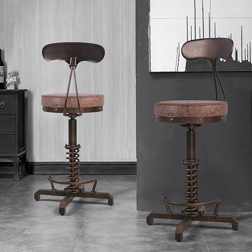Miniatura 2 de Taburete de bar industrial con respaldo de metal, taburetes de café rústicos con asiento de cuero giratorio, silla de isla de cocina vintage, sillas