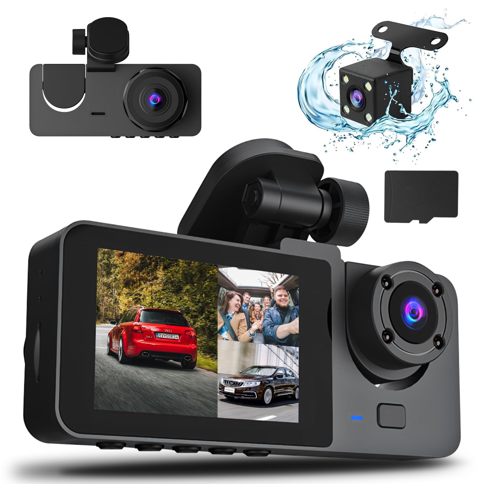 3 Channel Dash Cam, 1080P Dash Cam Front and Rear Inside, Three Way Dash Camera for Cars, Car Camera with 32GB Card, 24H Parking Mode, Loop Recording, Super Night Vision