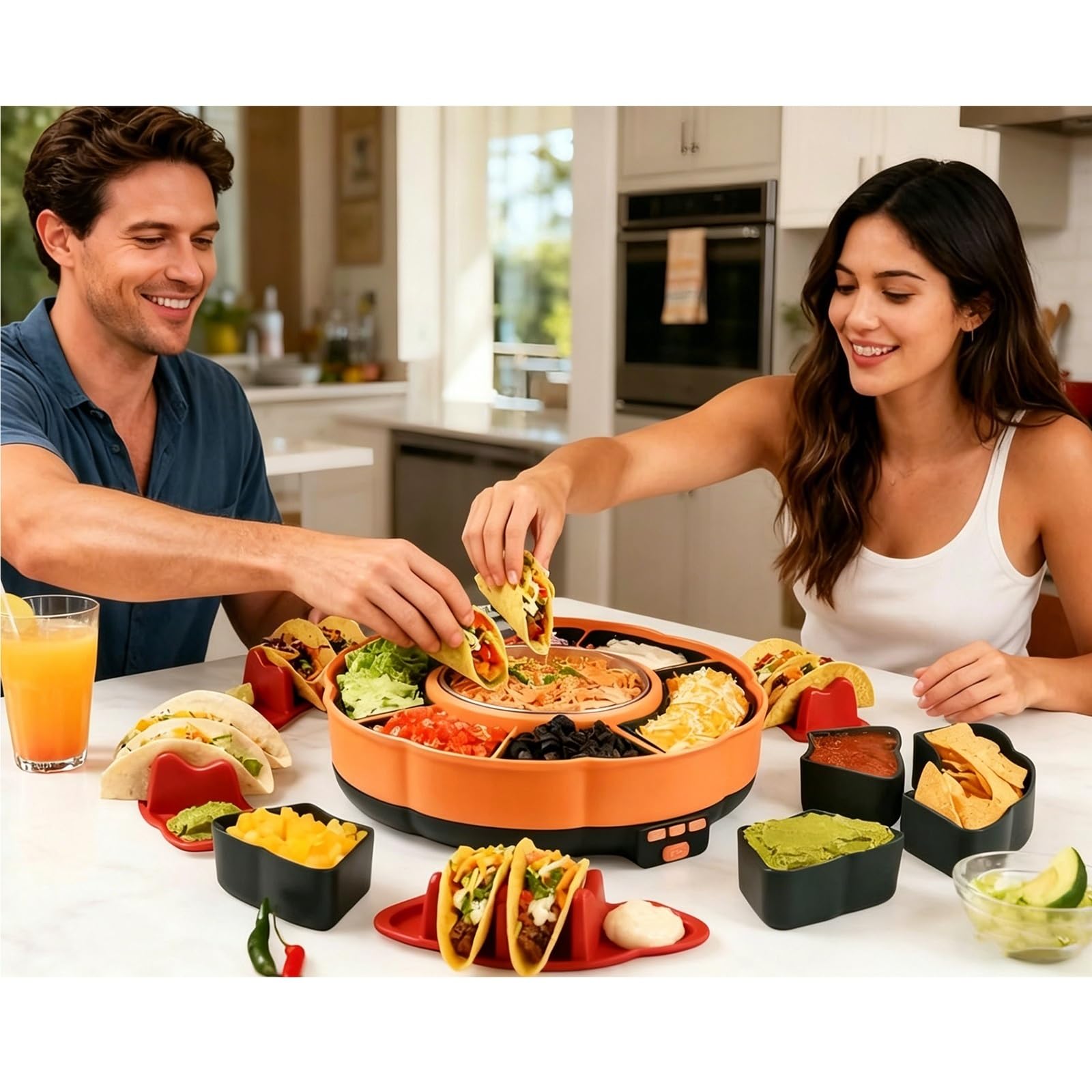 Mothdust Server Buffet Taco Vassoio Girevole Riscaldato con Ciotole Condimento Rimovibili Mantiene Carne Calda e Organizza Ingredienti per Cena Famiglia Fiesta
