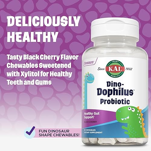 Miniatura 4 de KAL DinoDophilus Probióticos para niños, probióticos para niños con 2 mil millones de UFC, probióticos masticables para niños con sabor natural a