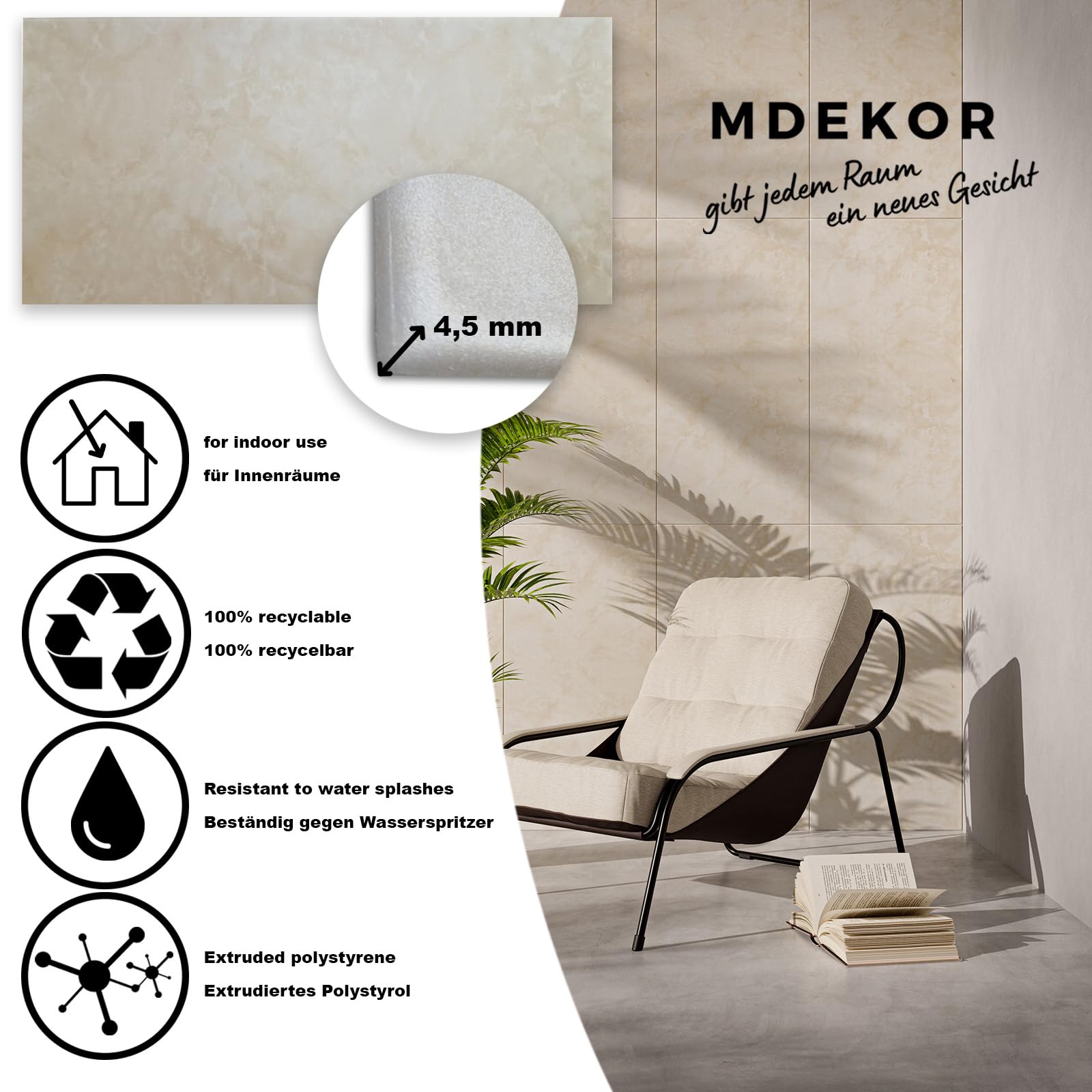 MDEKOR Pannelli da parete in pietra 50x100 cm | Rivestimento murale 3D in XPS in effetto pietra | 60 pezzi = 30 m² di sabbia | Pannelli spessi 4,5 mm | Piastre decorative in polistirolo per interni