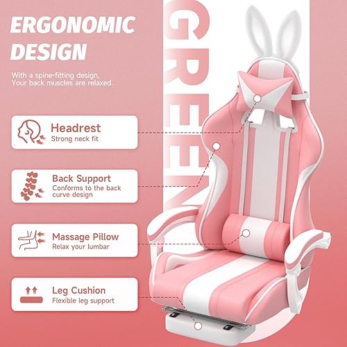 Miniatura 7 de Ferghana Silla Kawaii rosa para juegos con orejas de conejo, ergonómica y bonita silla para jugadores con reposapiés y masaje, silla reclinable de