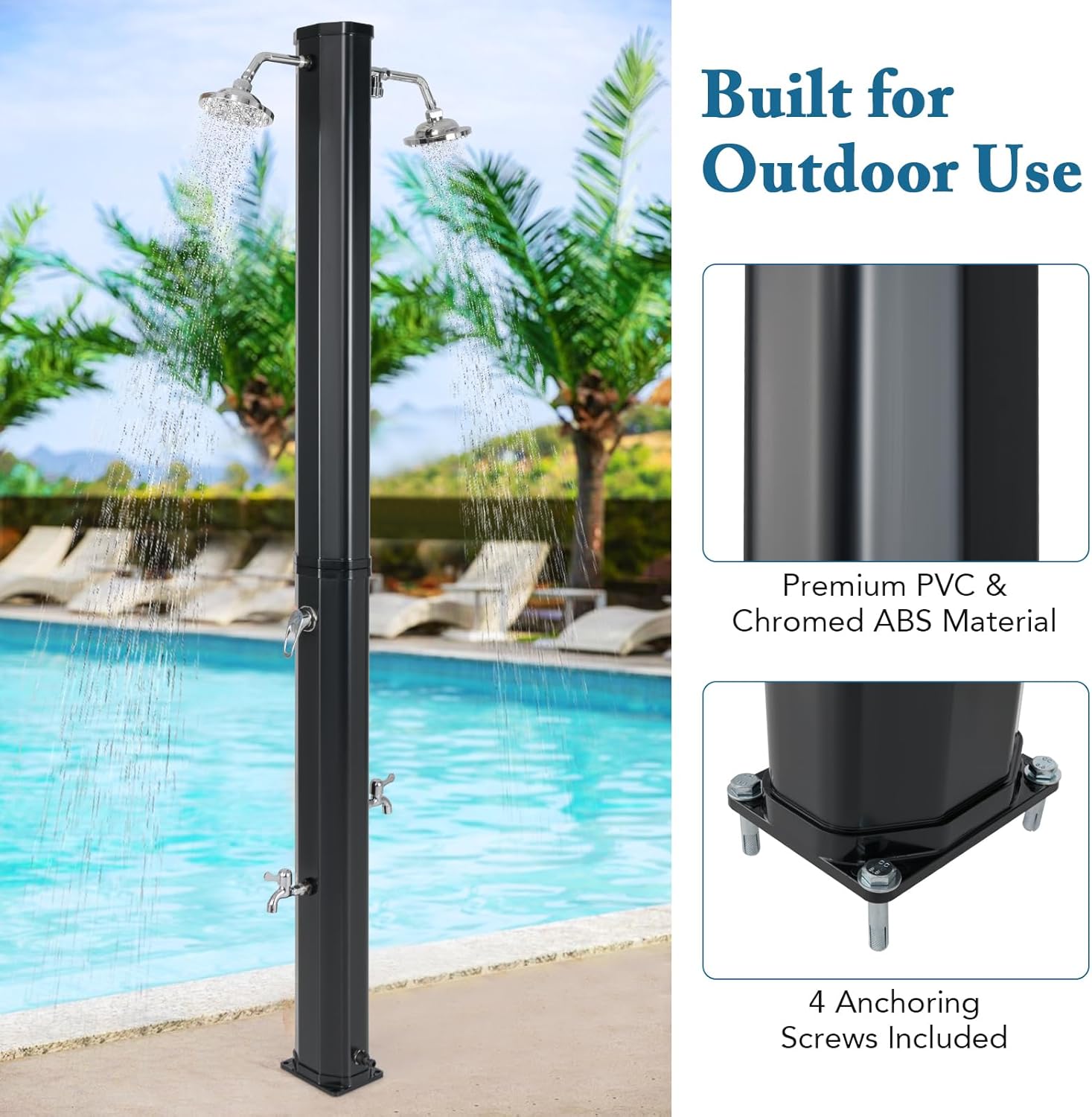 Giantex 9.3 Gallon Outdoor Shower, Solar Shower with Dual 360°Rotating Shower Heads, 2 Foot Showers, Hot & Cold Water Adjustable Faucet, 7.2 FT Outside Shower for Patio, Yard, Poolside, Beach, Garden