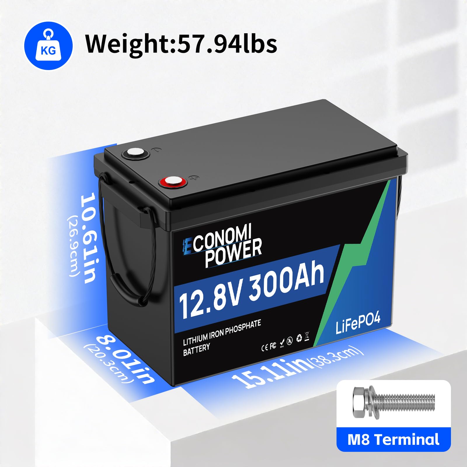 Batterie Lifepo4 300Ah 12V, EconomiPower 3840Wh batterie lithium BMS 200A, Max 15000 temps de cycle et 10 ans de durée de vie, idéal pour solaire, camping-car, d'électricité, off-grid