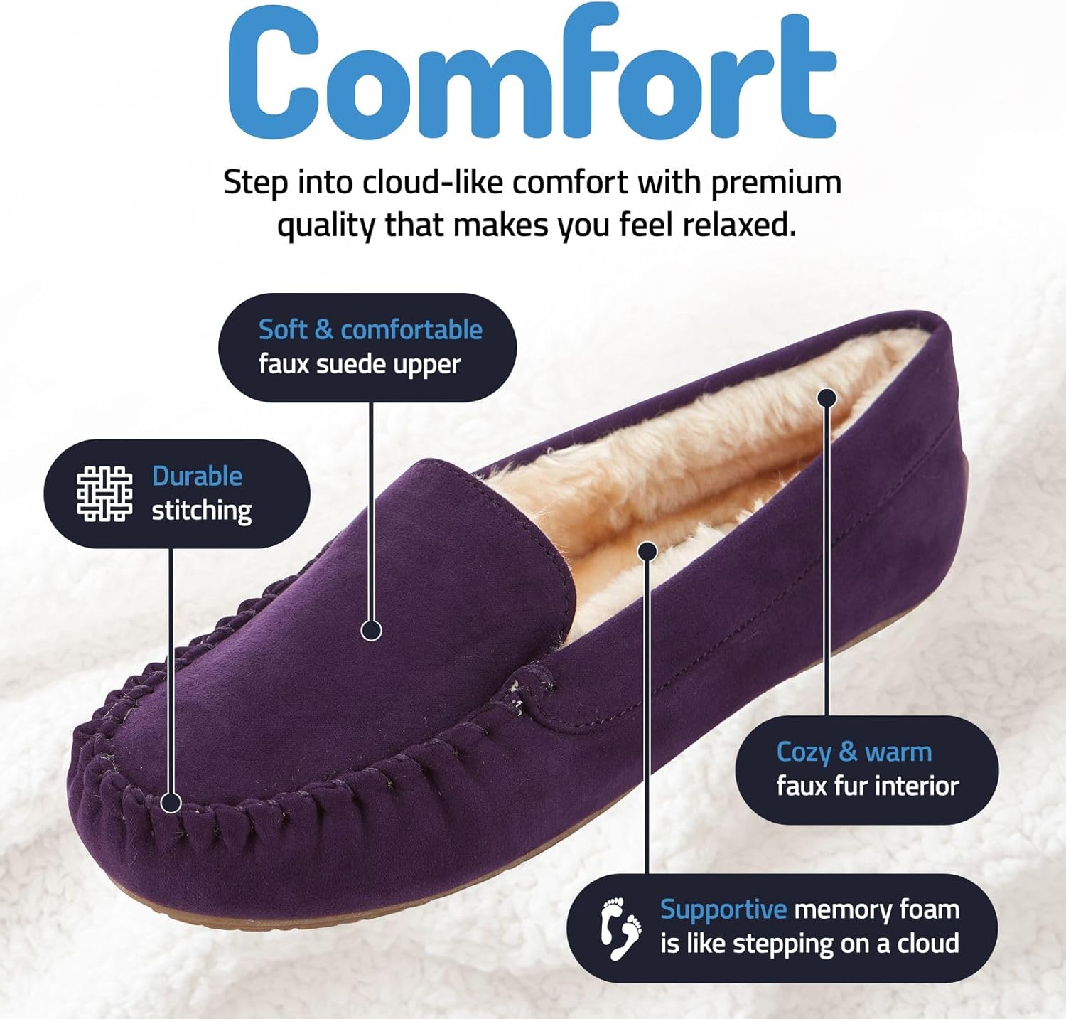 Floopi Women Slippers Moccasins, Soft Faux Fur Lining with Cozy Memory Foam, Ladies House Slippers for Women with Indoor & Outdoor Anti-Skid Sole - Image 3