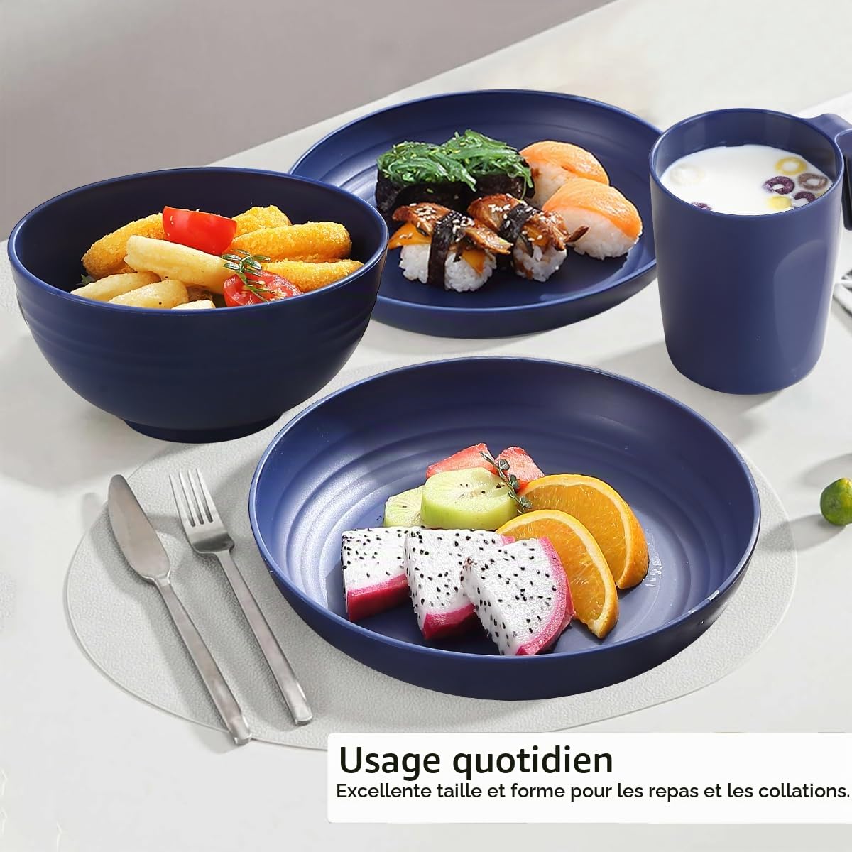 Kyraton Assiettes Service de Table plastique 32 PCS Service pour 8, réutilisable Assiettes légères Tasses Bols Vaisselle facile à transporter et à nettoyer Cuire au micro-ondes BPA sans lave-vaisselle