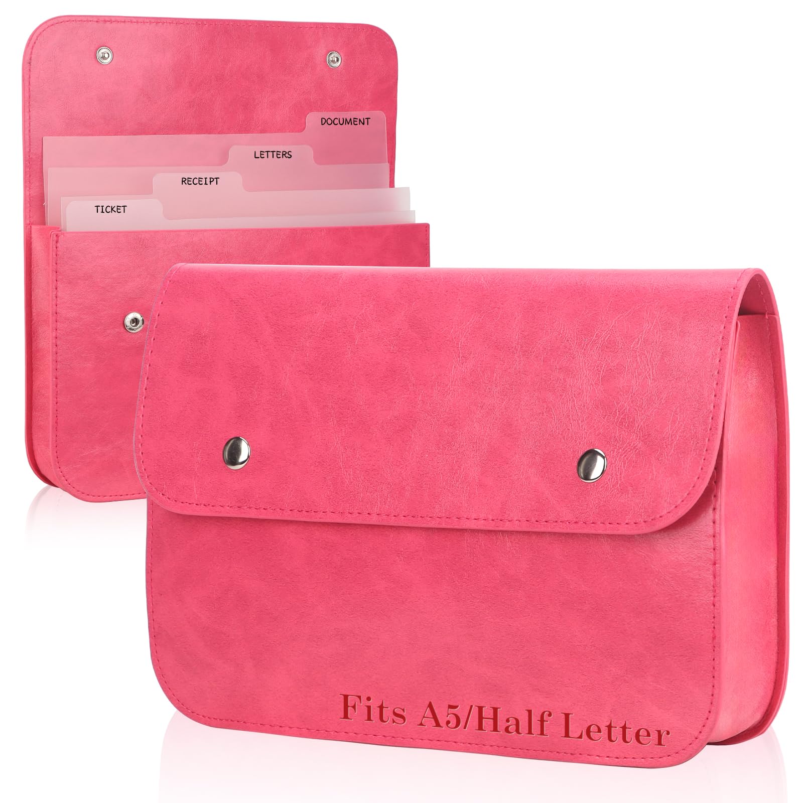 1 Pack Pink Artificial Leather File Folder for Women A5 Expanding Document Holder with 4 Clear Dividers Artificial Leather Envelope Portfolio Holder with Snap for A5 Half Letter Paper 9.8"×6.5"