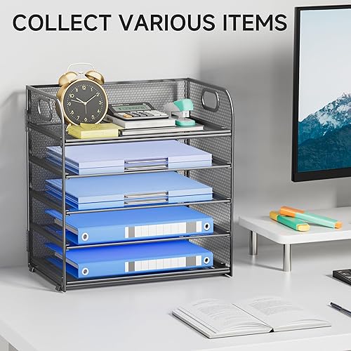 Miniatura 7 de Organizador de papel de 5 niveles para escritorio, organizador de archivos con asa, bandeja de cartas de malla, clasificador de papel, organizador