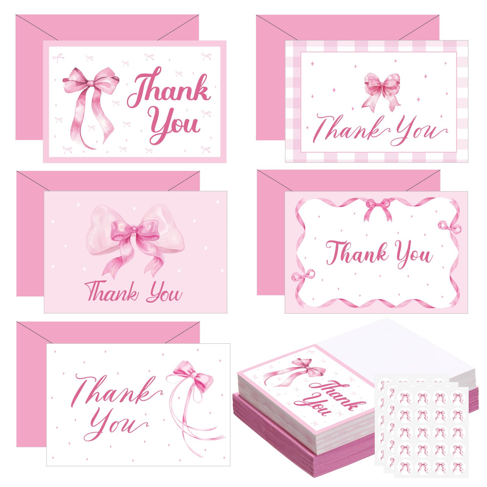Motiskyy Lot de 100 cartes de remerciement avec nœud rose avec enveloppes et autocollants 10,2 x 15,2 cm - Cartes de vœux vierges pour fête prénatale, mariage, fête d'anniversaire