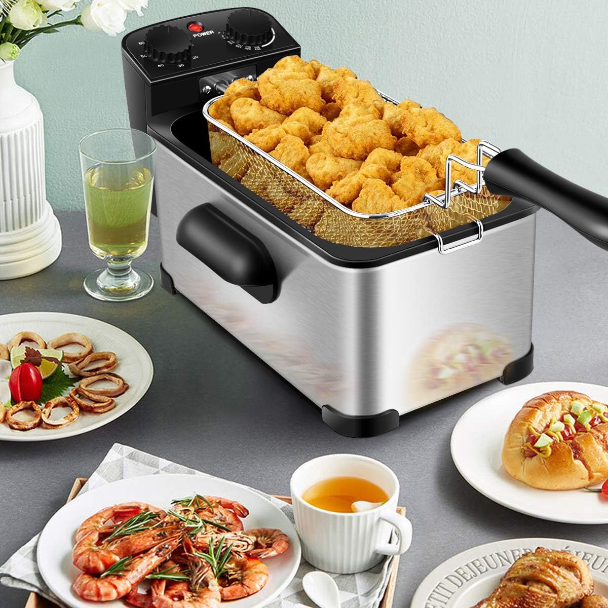ORALNER Deep Fryer with Basket, Electric Deep Frying 12 Cups Oil Fryer w/View Window, Cool Touch Handle, Timer, Adjustable Temperature Home Deep Fat Fryers, Silver (3.2 QT)