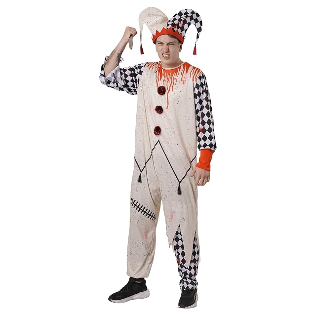 Foto 6 de 6 de Disfraz Arlequín Sangriento Adulto Hombre Halloween con Sombrero Bufón y Mono Terror Rombos Blanco Negro…