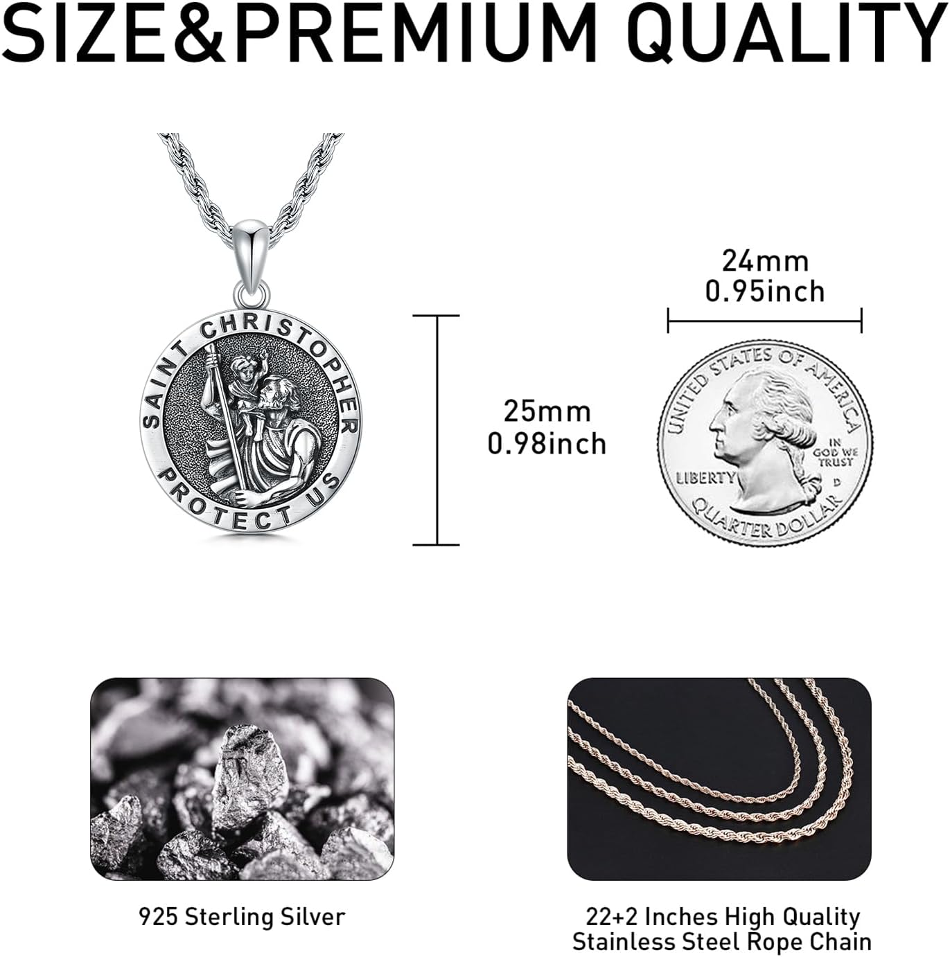 CEKAMA 925 Sterling Silver Patron Saint Necklace for Men & Women Amulet Pendant with 2.5mm 22"+2" Chain