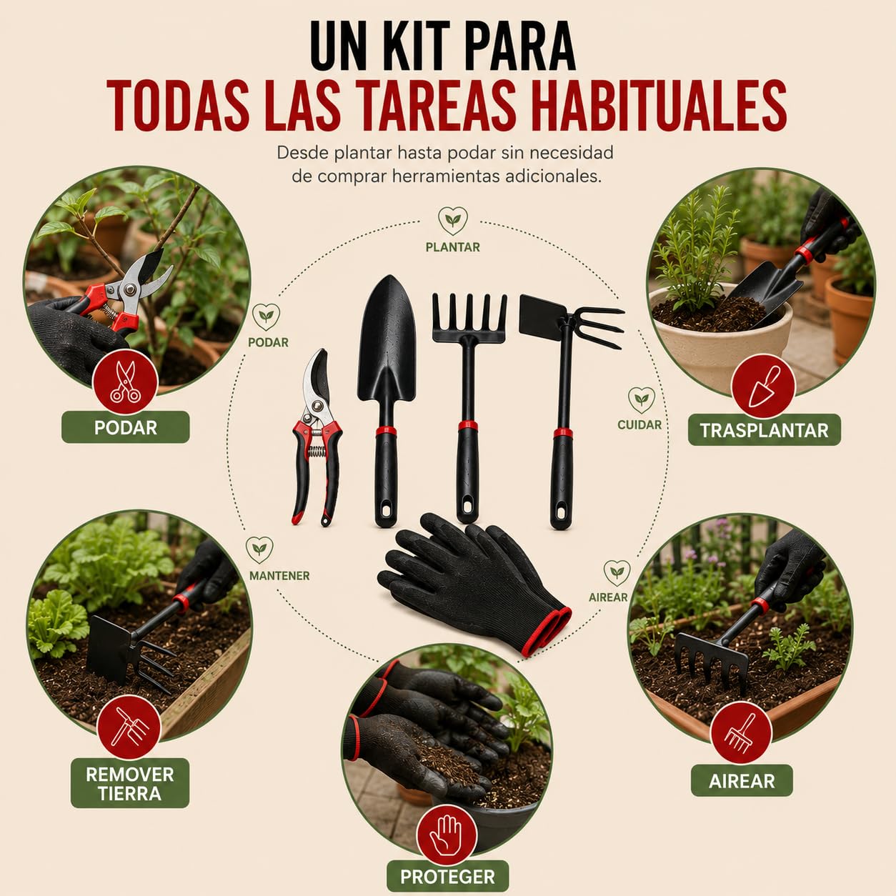 Kit 5 Herramientas de Jardinería de Metal Que Incluye Tijeras de Podar, Pala Trasplantadora, Rastrillo, Azada Doble y Guantes | Kit jardineria para Jardín, Huerto Urbano y Terraza (Rojo/Negro)