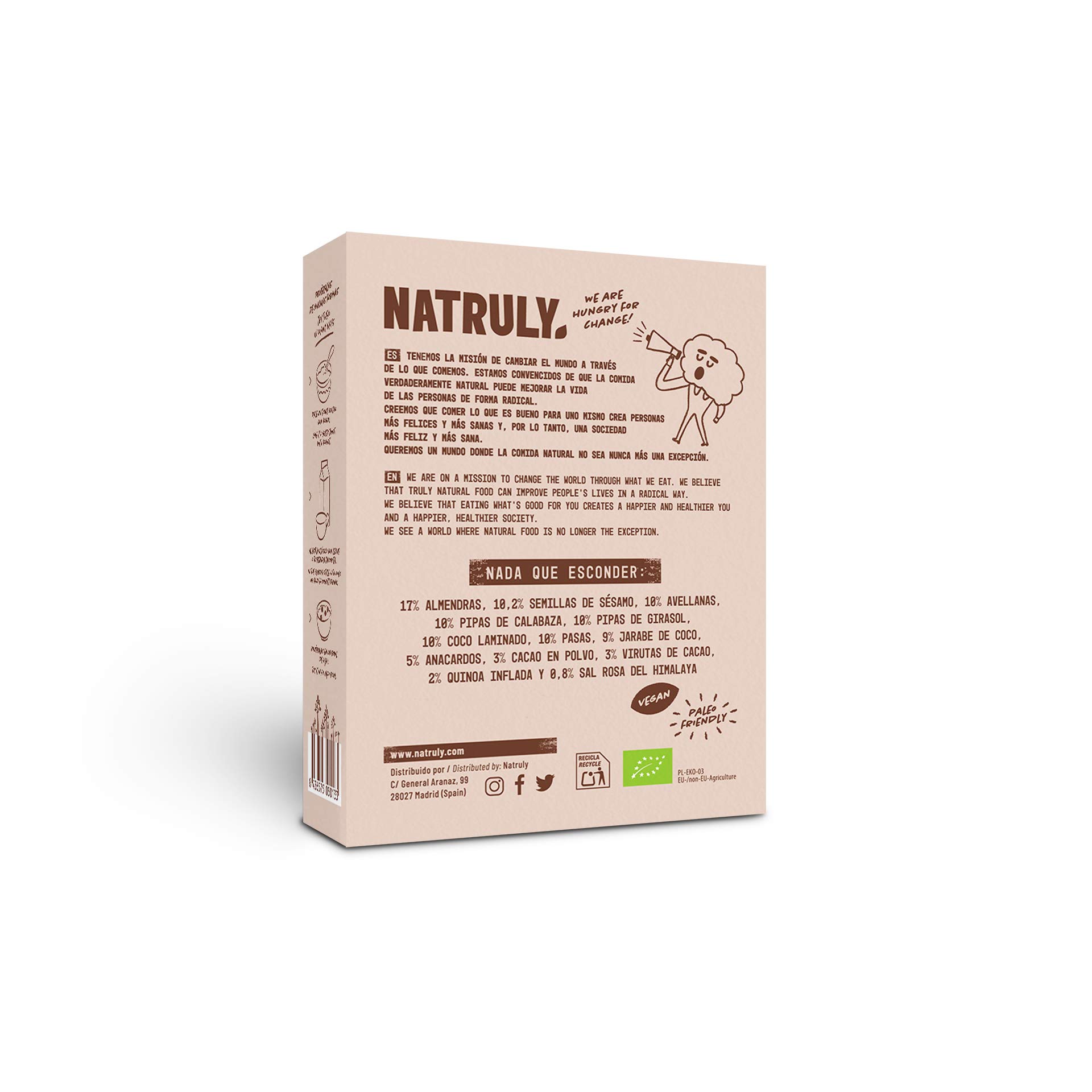 Granola BIO NATRULY, Frutos Secos y Semillas Sin Cereales, Sin Gluten y Sin Azúcar Refinado, Vegana, Sabor Cacao, Coco y Quinoa 325g