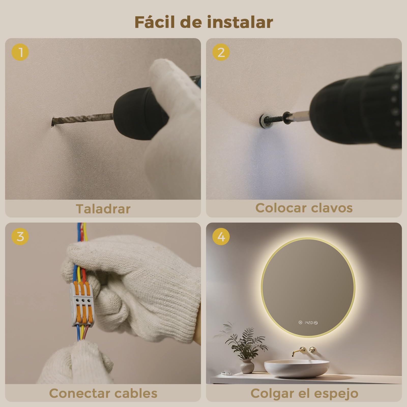 S'AFIELINA Espejo Baño con Luz LED Redondo Ø70 cm, Marco Dorado | Espejo Redondo de Baño con LED, Espejo Retroiluminado, Diseño Sin Marco, Luz Neutra, Espejo de Pared, Decorativo para Baño